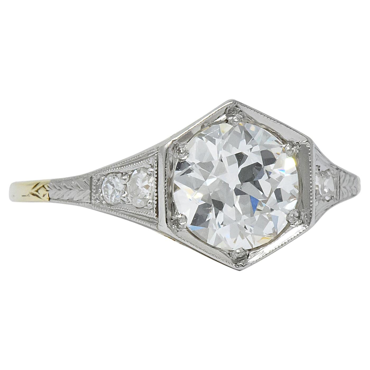 Edwardian 1.61 Carat Diamond Platinum-Topped 14 Karat Gold Engagement Ring GIA