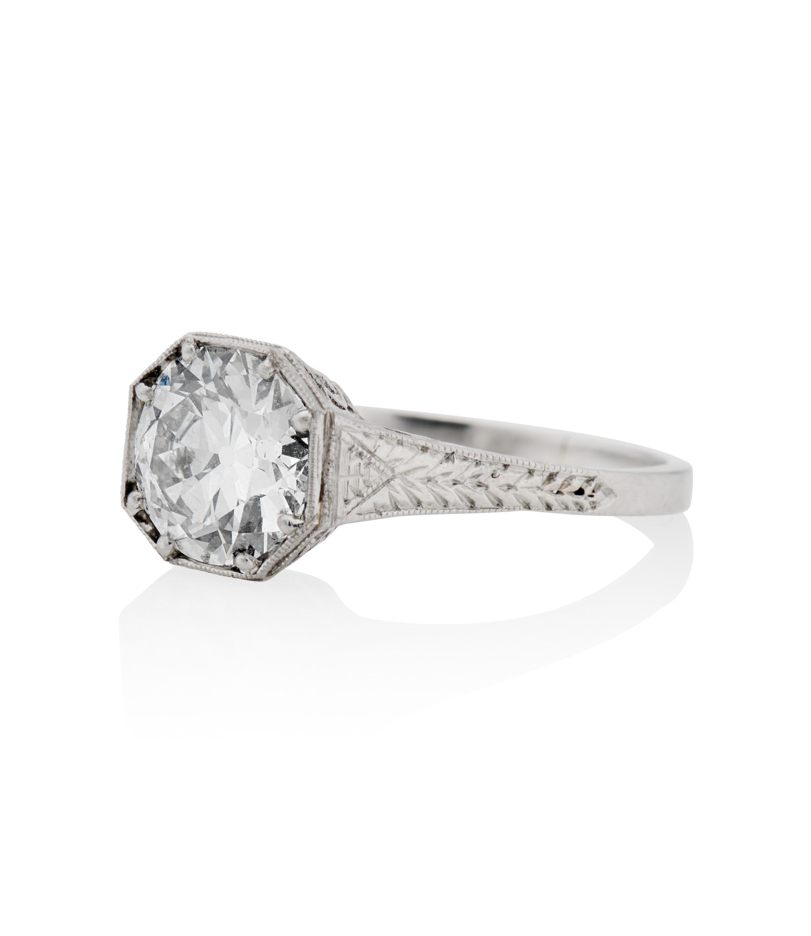 Description 
Antique Edwardian engagement ring centered with a GIA Certified 1.63 carat Circular Brilliant cut diamond with an intricate filigree design Platinum setting. A unique style from the Edwardian era.
Details
SKU #R3615
GIA certified 1.63