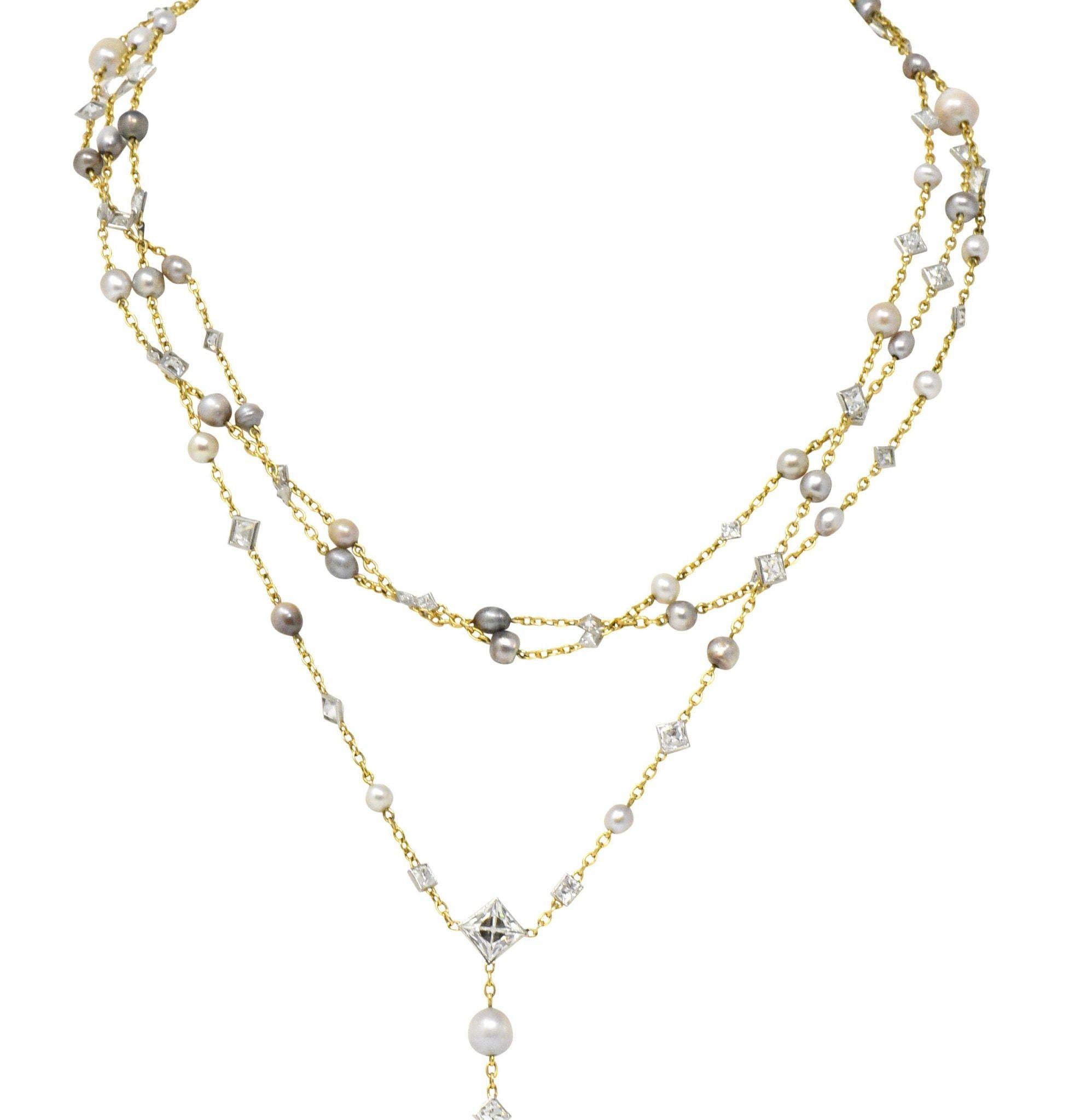 Women's or Men's Edwardian 16.31 Carat Diamond Natural Pearl Platinum 18 Karat Rosary or Necklace