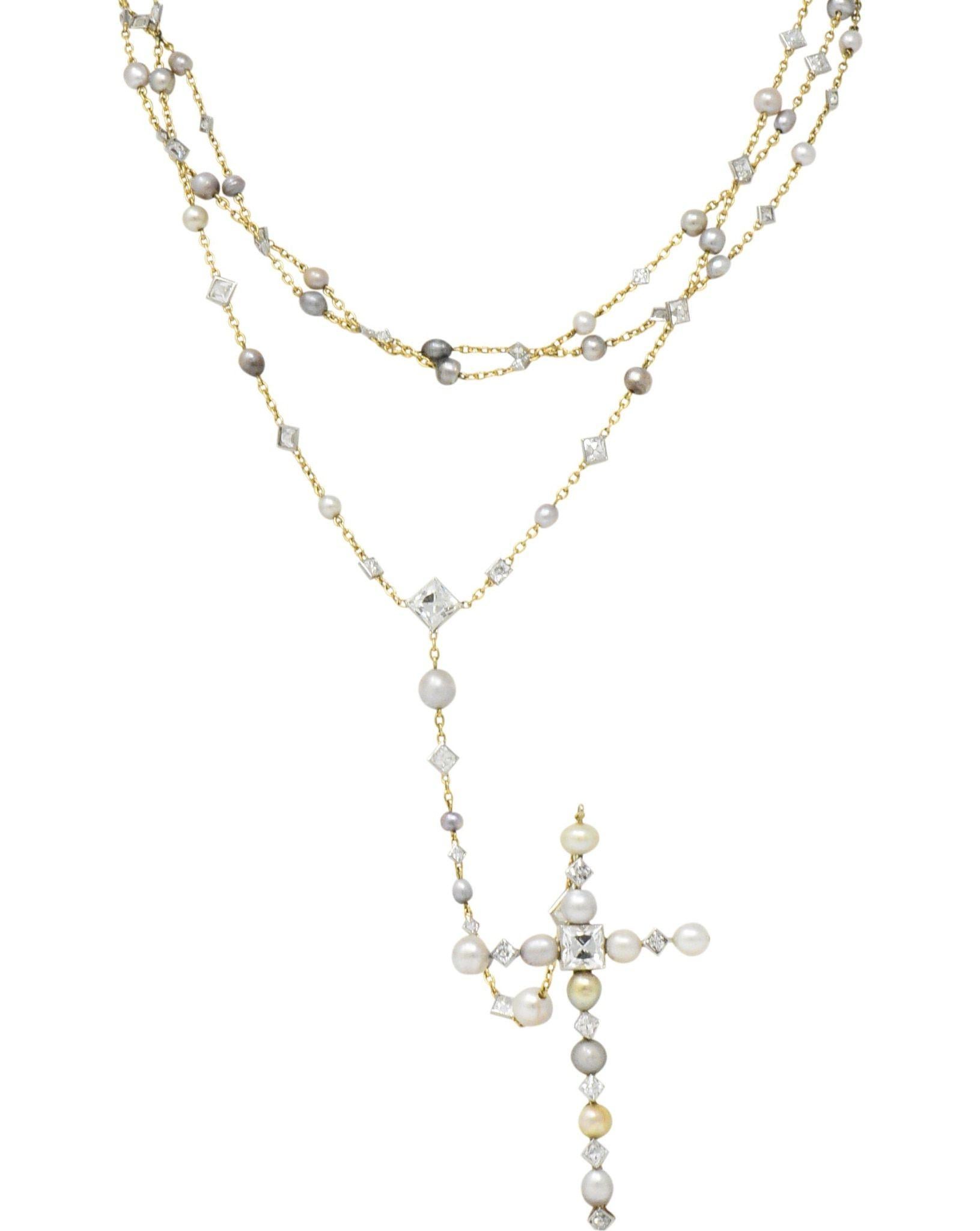 Edwardian 16.31 Carat Diamond Natural Pearl Platinum 18 Karat Rosary or Necklace 2