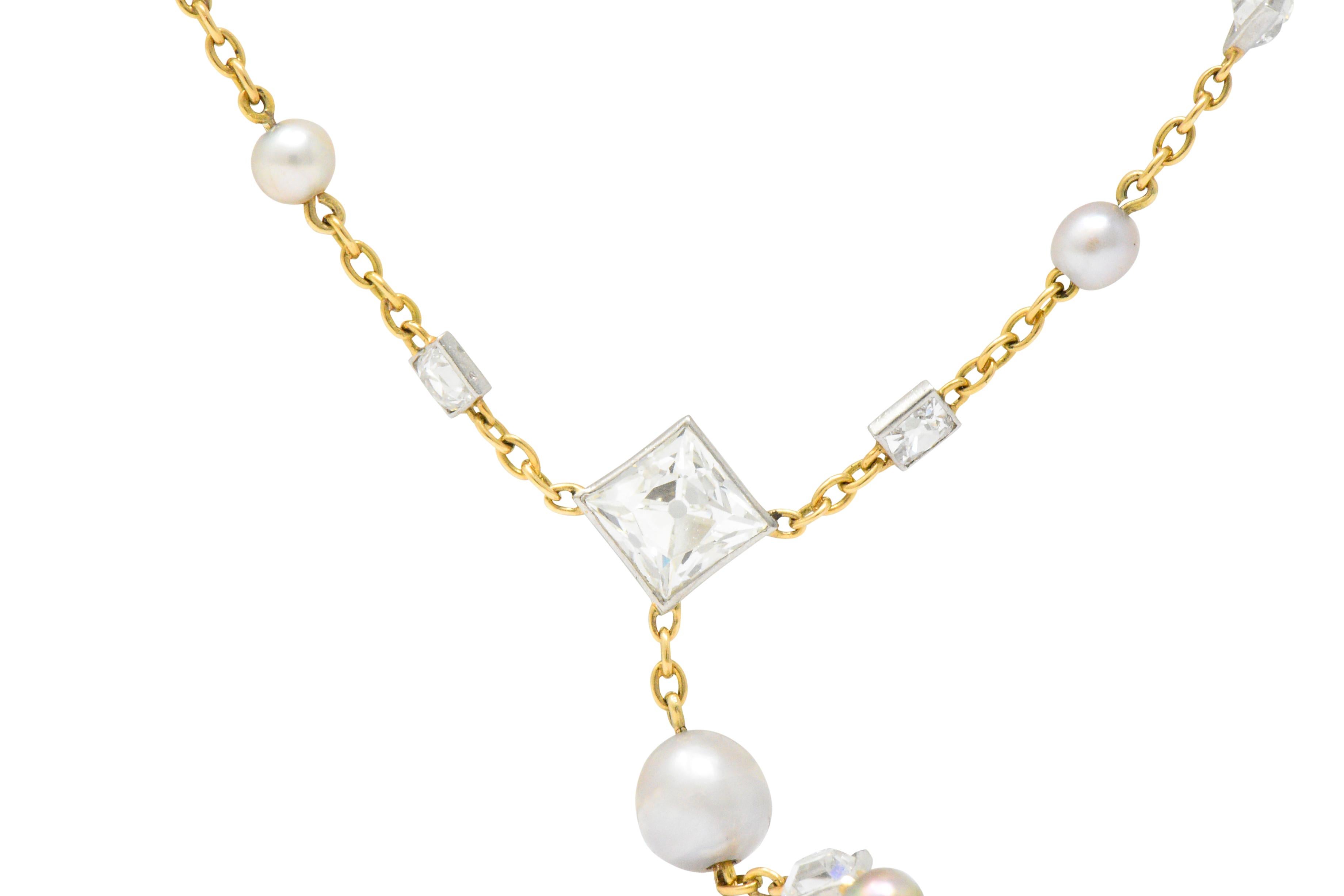 Edwardian 16.31 Carat Diamond Natural Pearl Platinum 18 Karat Rosary or Necklace 4