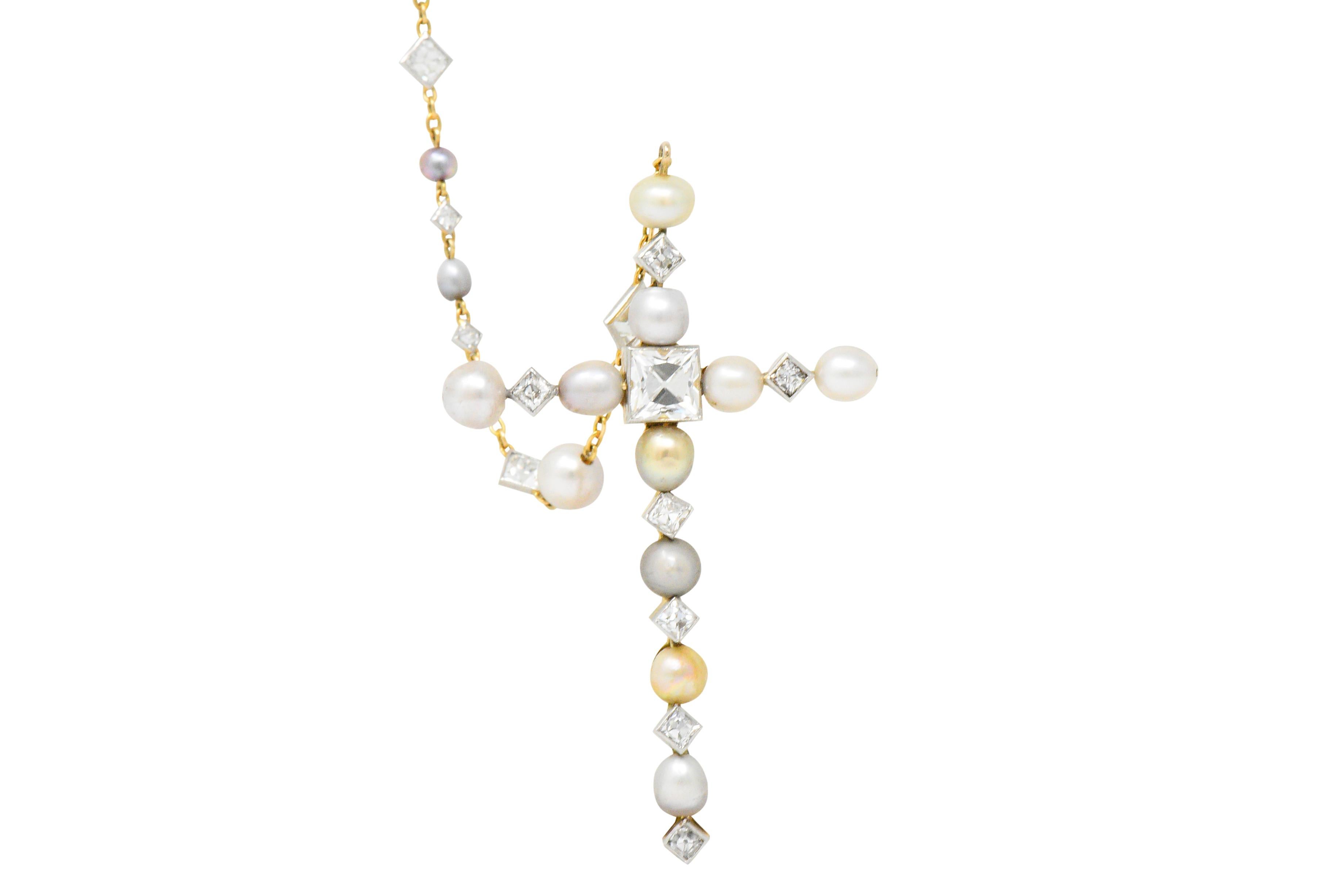 French Cut Edwardian 16.31 Carat Diamond Natural Pearl Platinum 18 Karat Rosary or Necklace