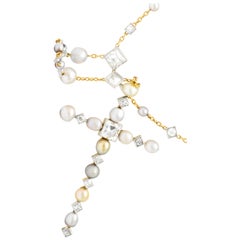 Edwardian 16.31 Carat Diamond Natural Pearl Platinum 18 Karat Rosary or Necklace