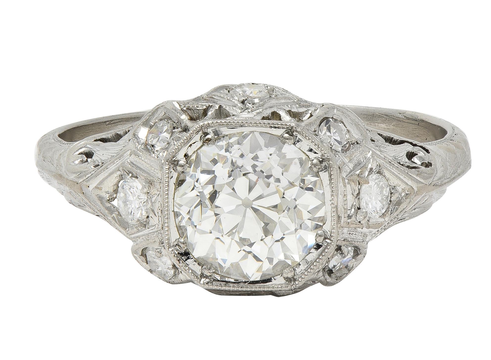 Bague de fiançailles Edwardienne 1.64 CTW Old European Diamond Platinum Foliate Antique