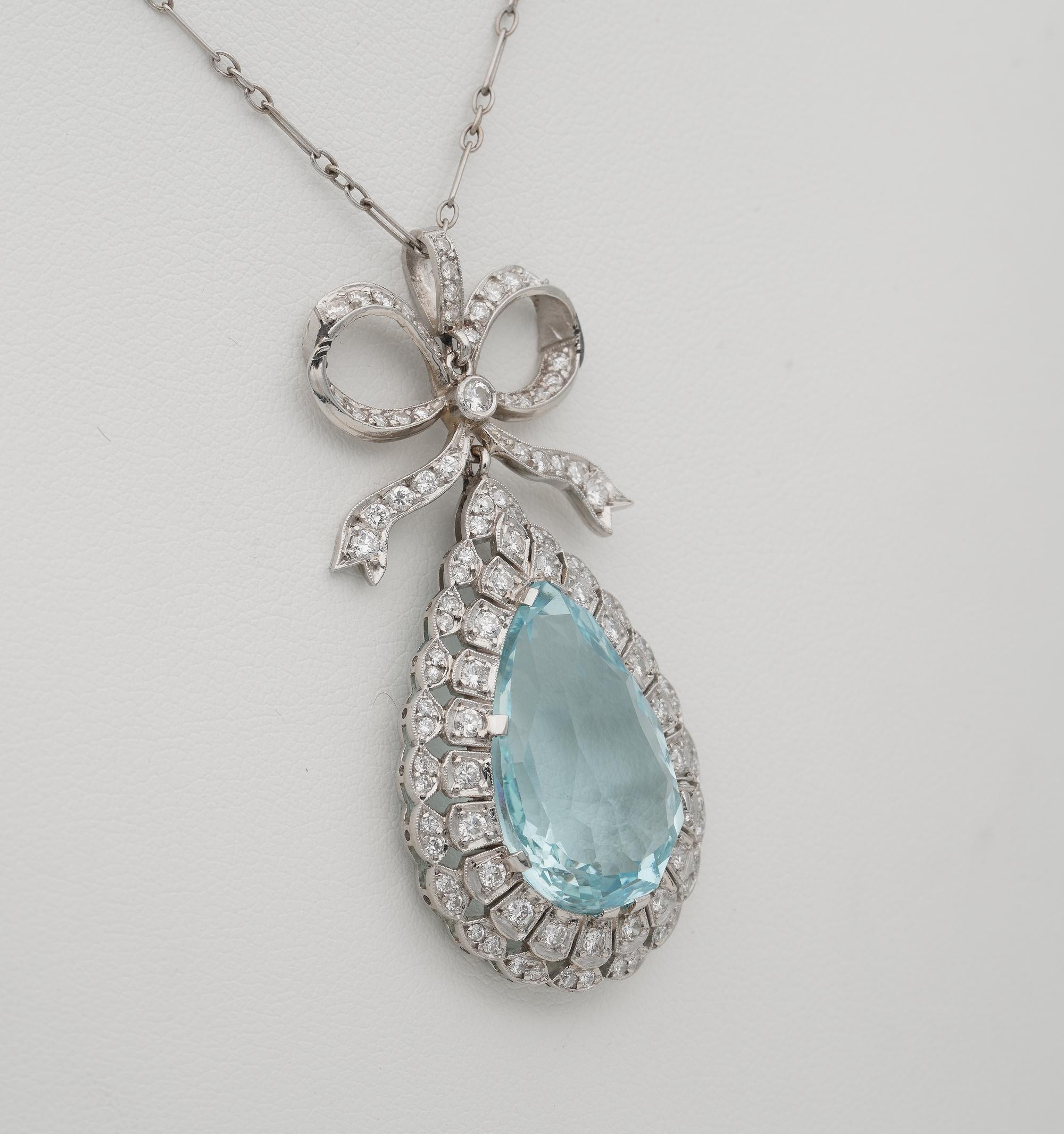 Pear Cut Edwardian 16.40 Ct Aquamarine Diamond necklace For Sale