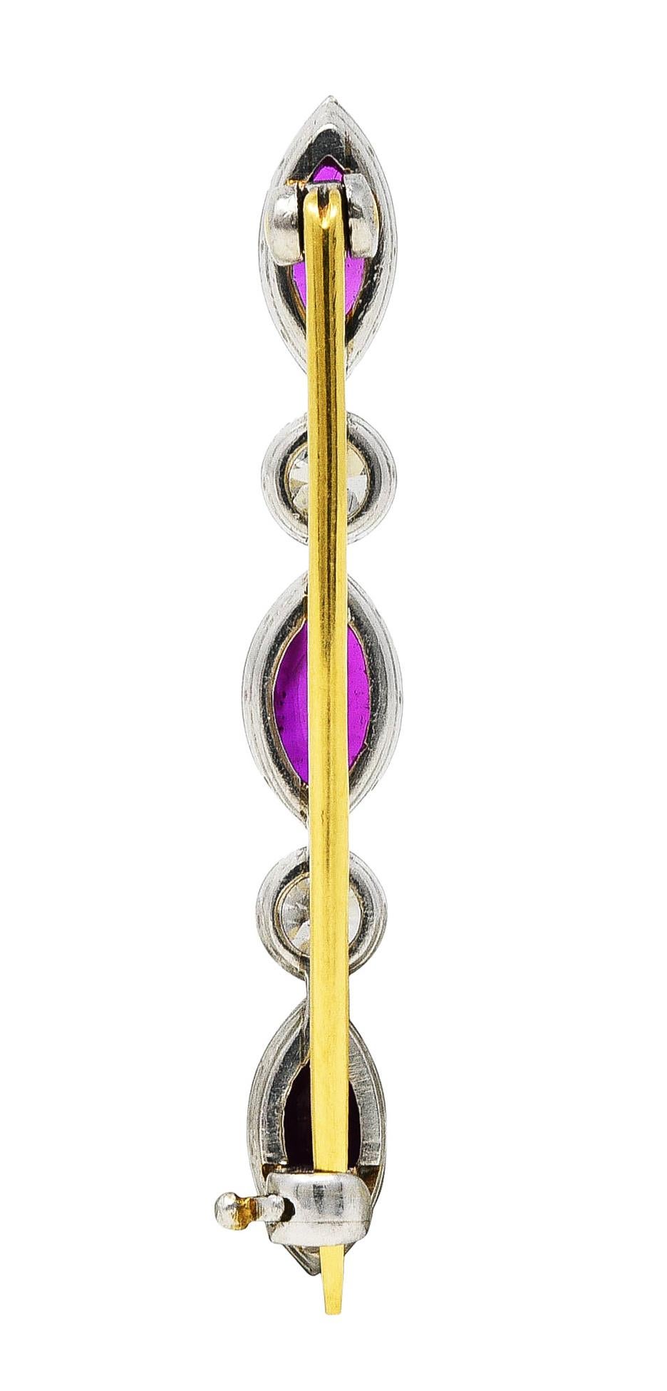 Marquise Cut Edwardian 1.65 Carats Ruby Diamond Platinum 18 Karat Gold Bar Brooch