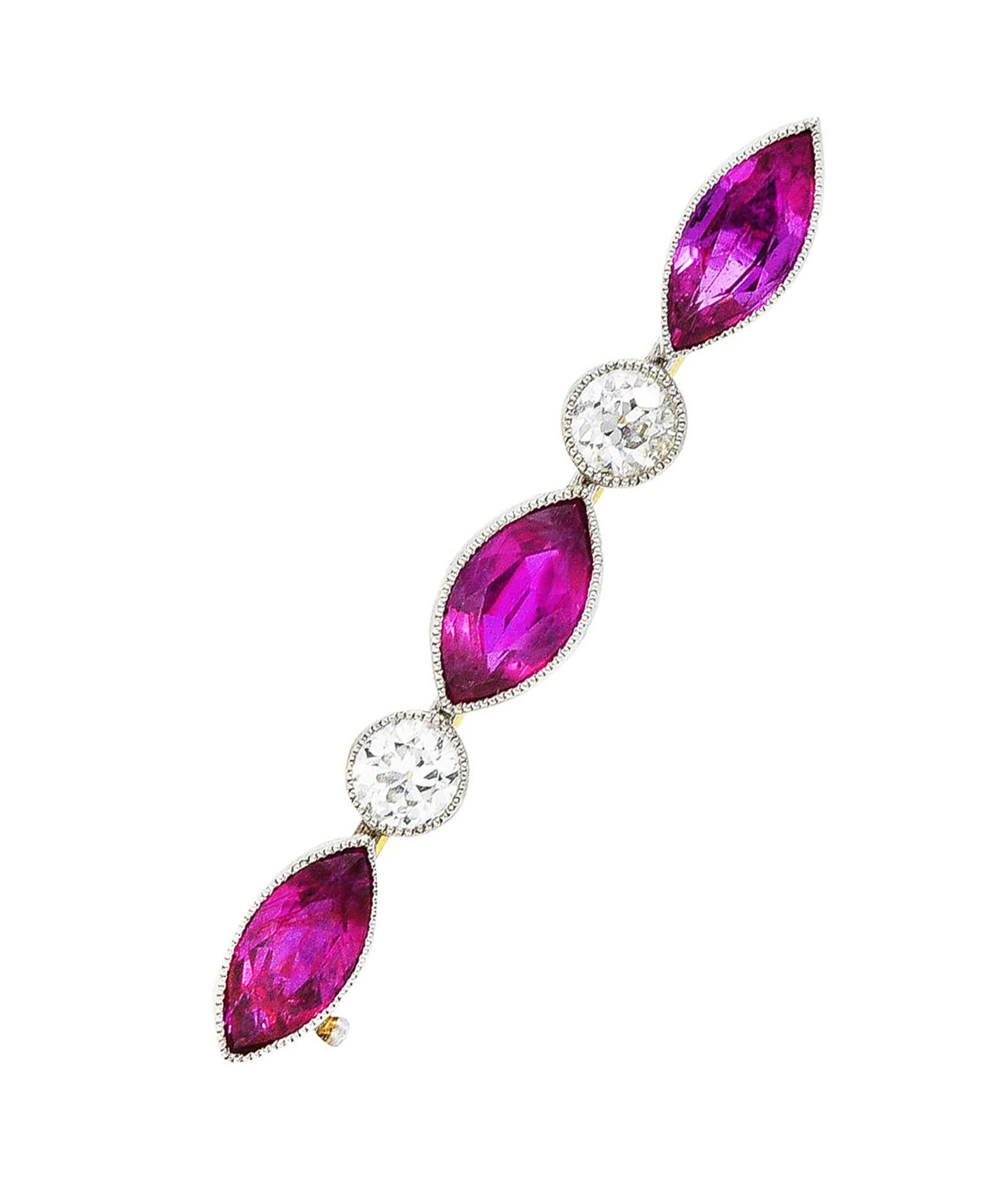 Edwardian 1.65 Carats Ruby Diamond Platinum 18 Karat Gold Bar Brooch 1