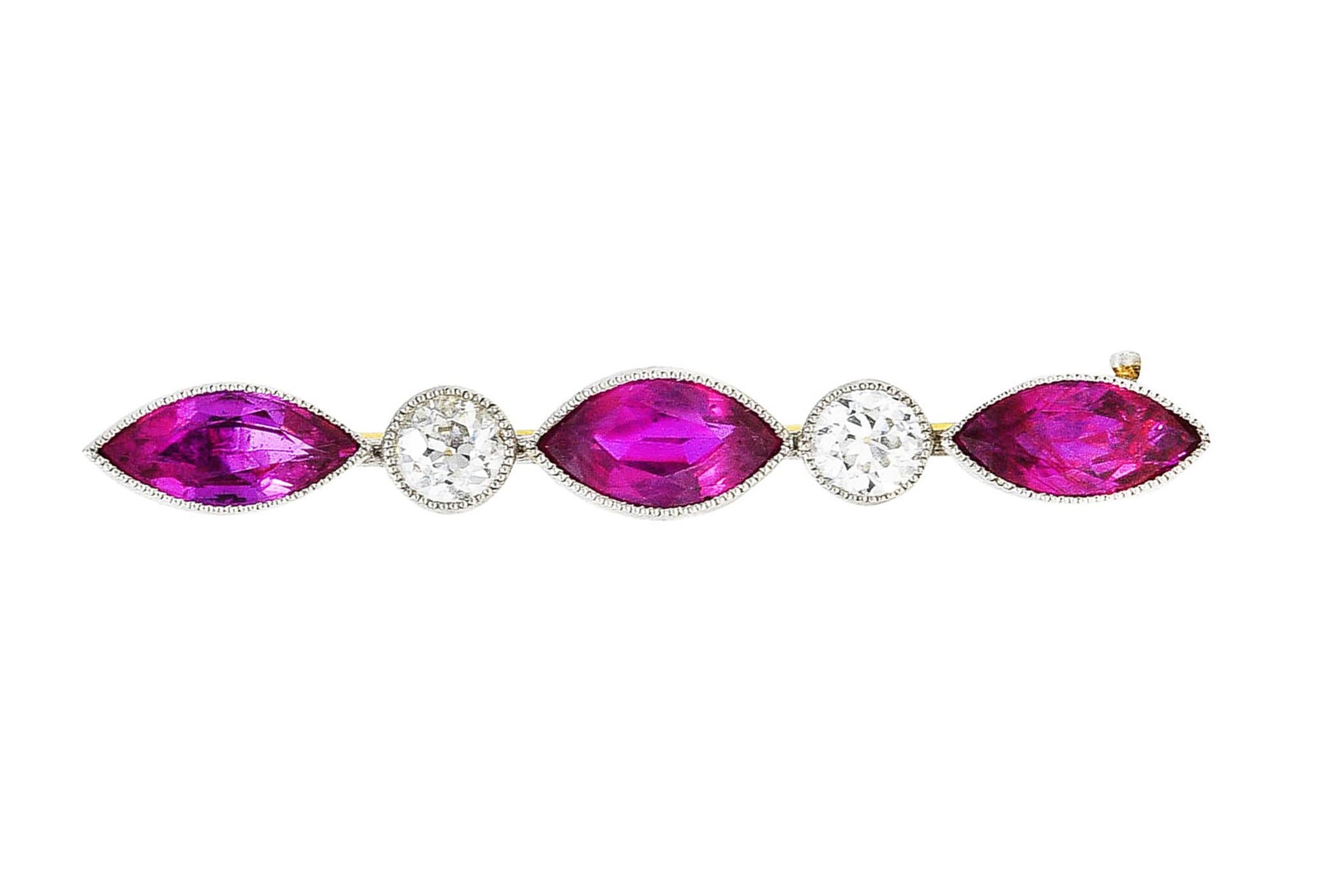 Edwardian 1.65 Carats Ruby Diamond Platinum 18 Karat Gold Bar Brooch 3