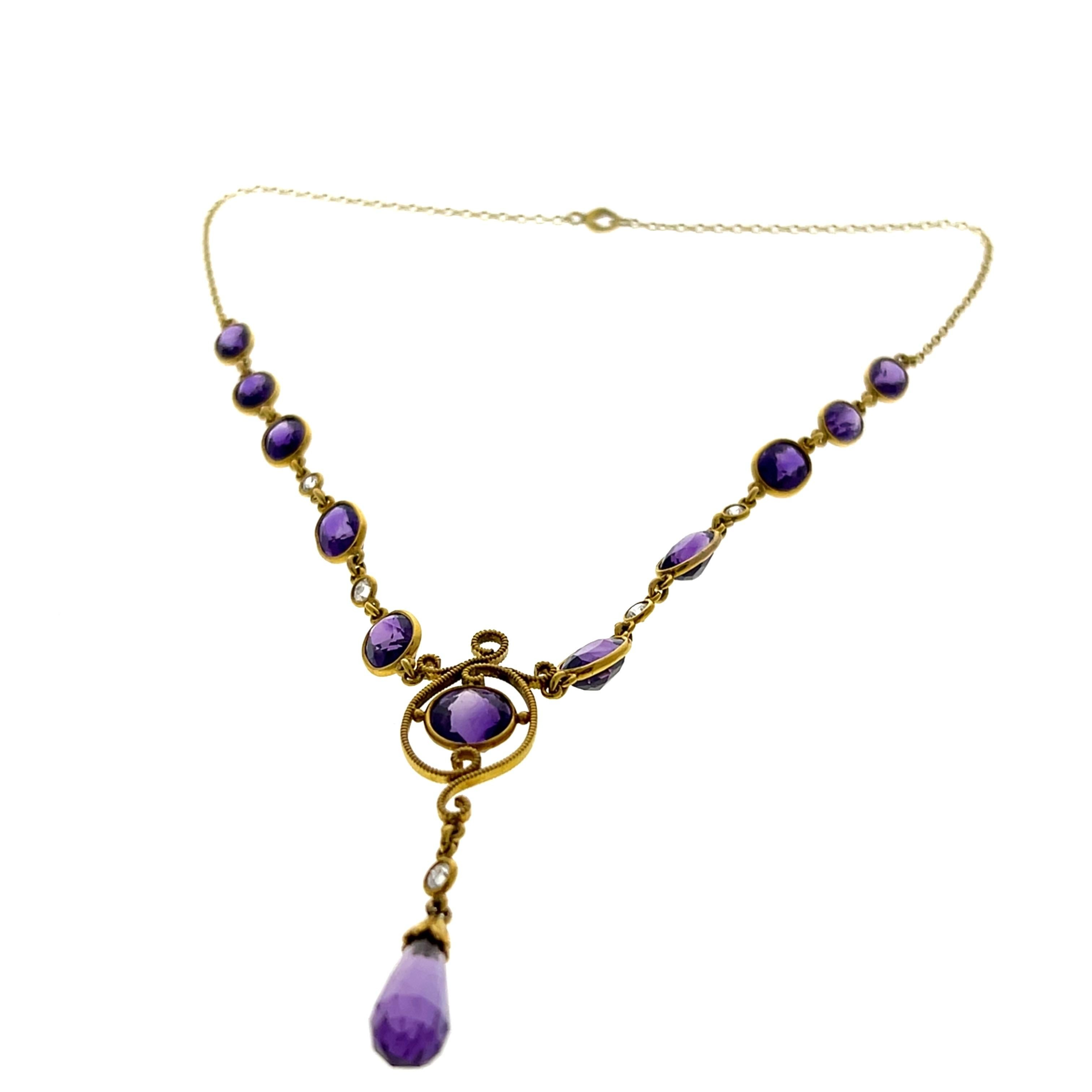 Collier pendentif édouardien en or jaune 18 carats avec améthyste et diamants 16,60 TCW en vente 4