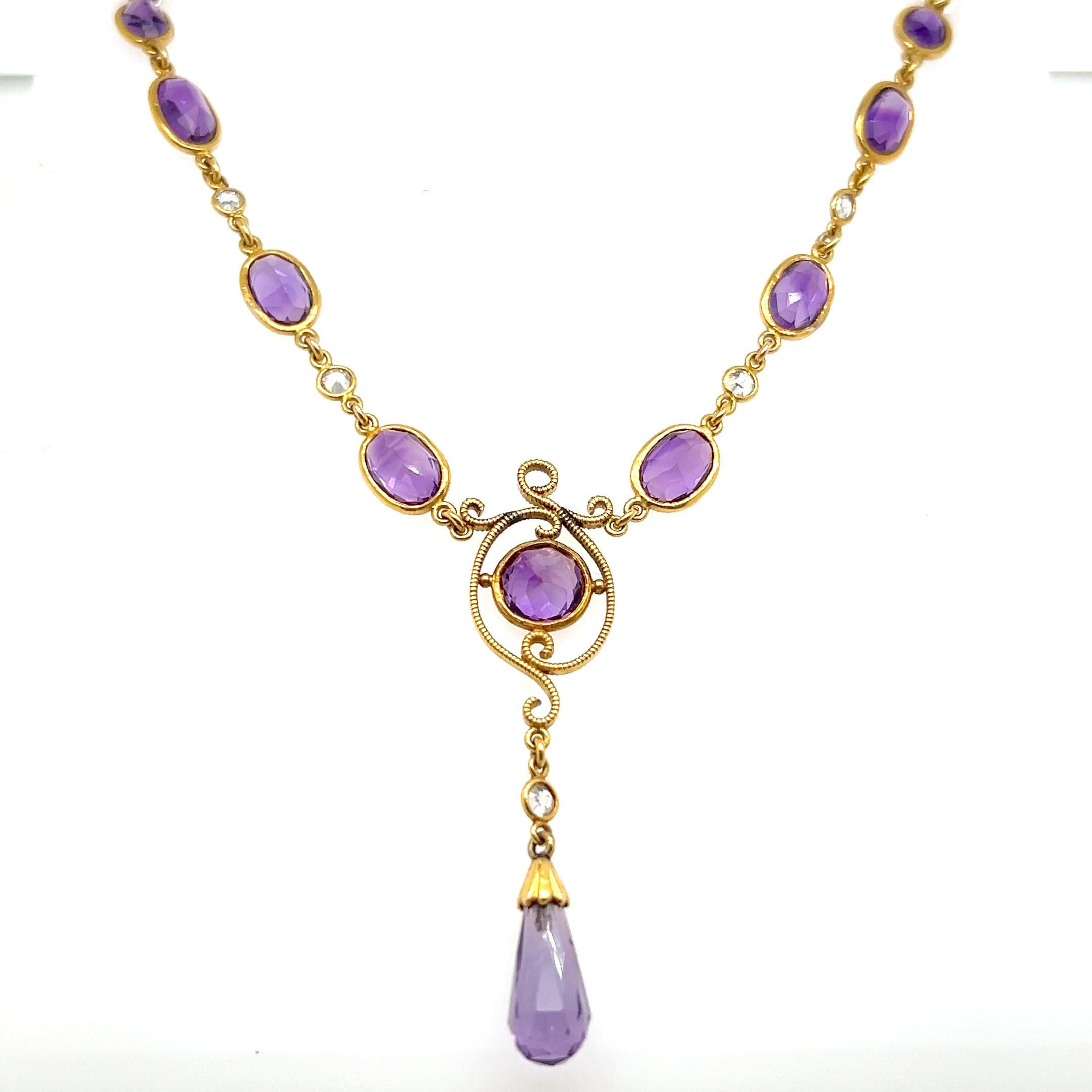 Collier pendentif édouardien en or jaune 18 carats avec améthyste et diamants 16,60 TCW en vente 6