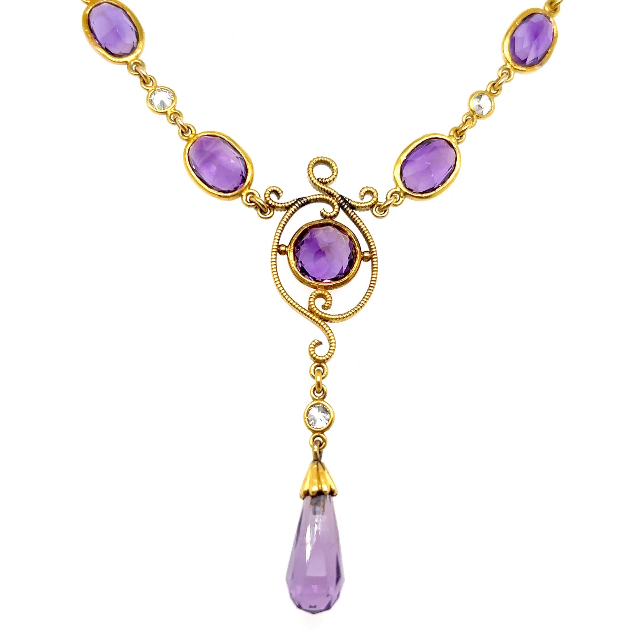 Collier pendentif édouardien en or jaune 18 carats avec améthyste et diamants 16,60 TCW en vente 7