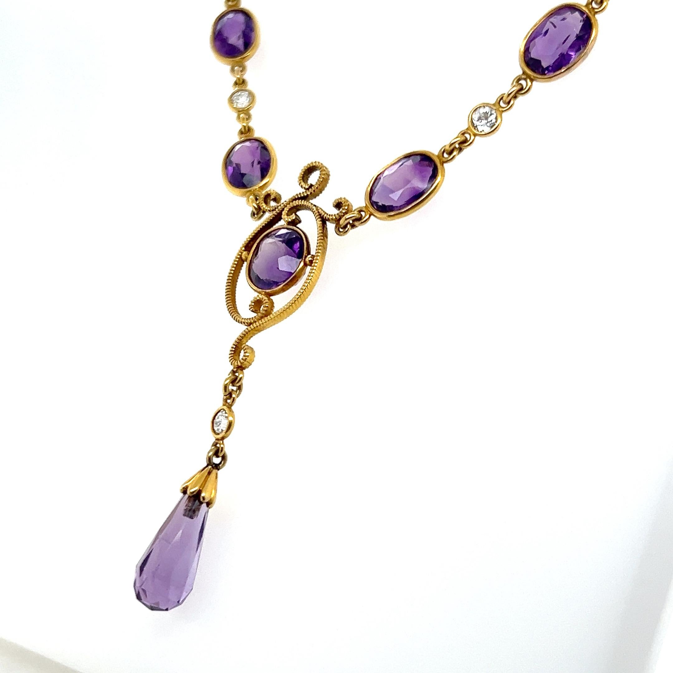 Collier pendentif édouardien en or jaune 18 carats avec améthyste et diamants 16,60 TCW en vente 1