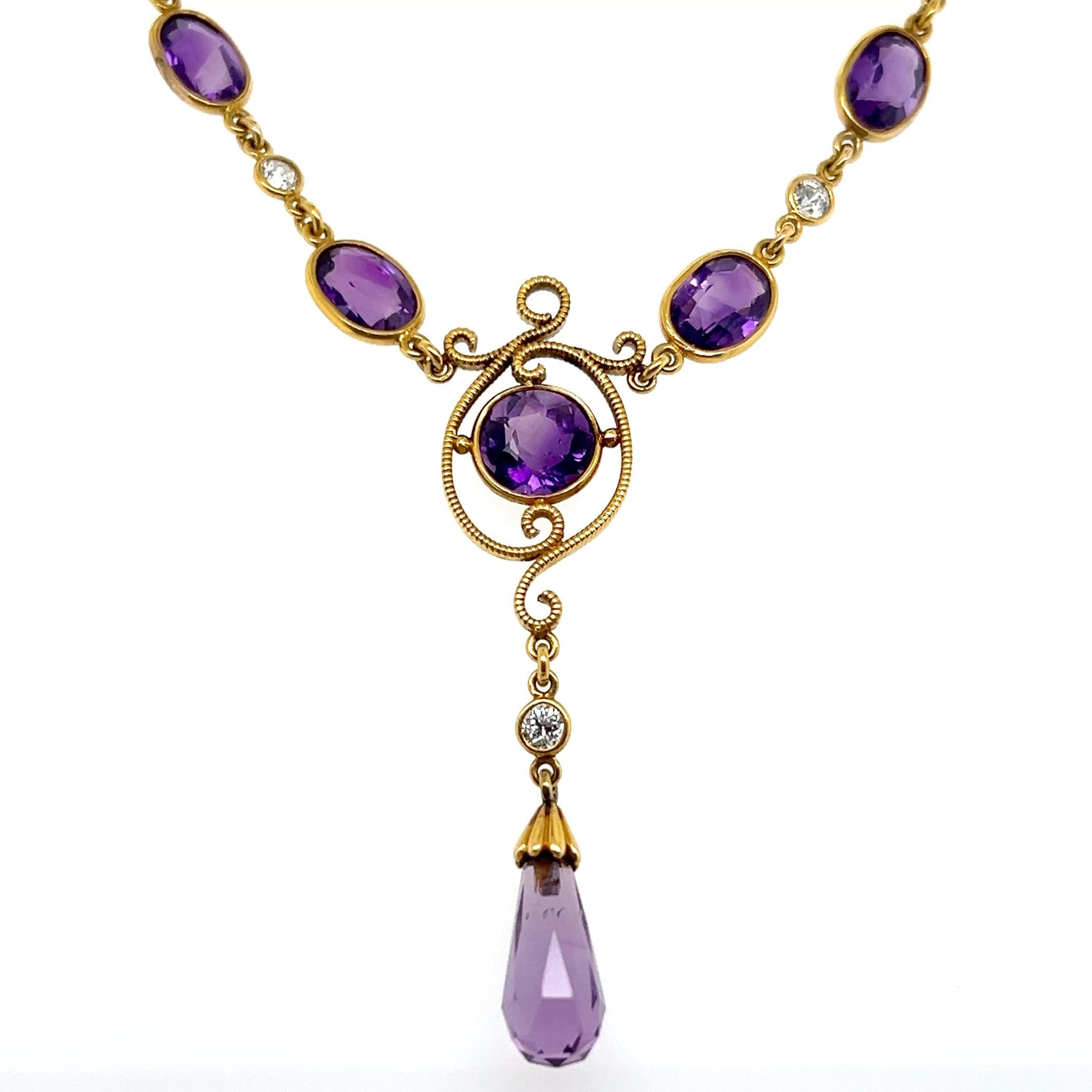 Collier pendentif édouardien en or jaune 18 carats avec améthyste et diamants 16,60 TCW en vente 2