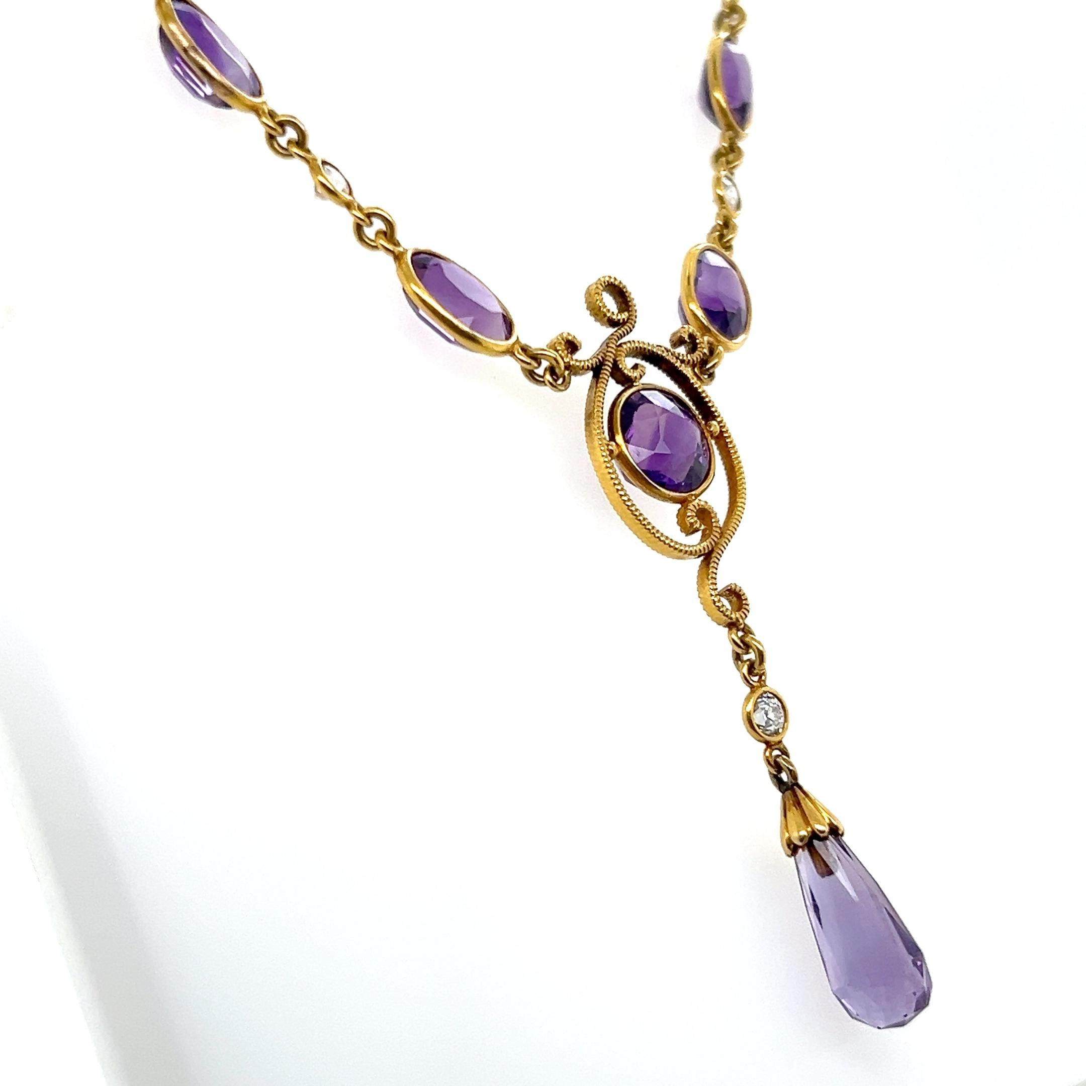 Collier pendentif édouardien en or jaune 18 carats avec améthyste et diamants 16,60 TCW en vente 3