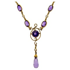 Antique Edwardian 16.60 TCW Amethyst and Diamond 18k Yellow Gold Drop Pendant Necklace