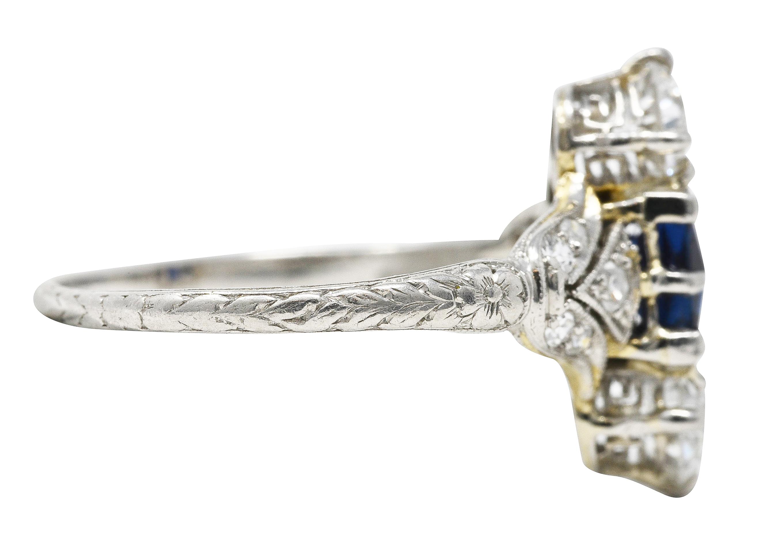 French Cut Edwardian 1.67 Carats Sapphire Diamond Platinum Floral Three Stone Ring