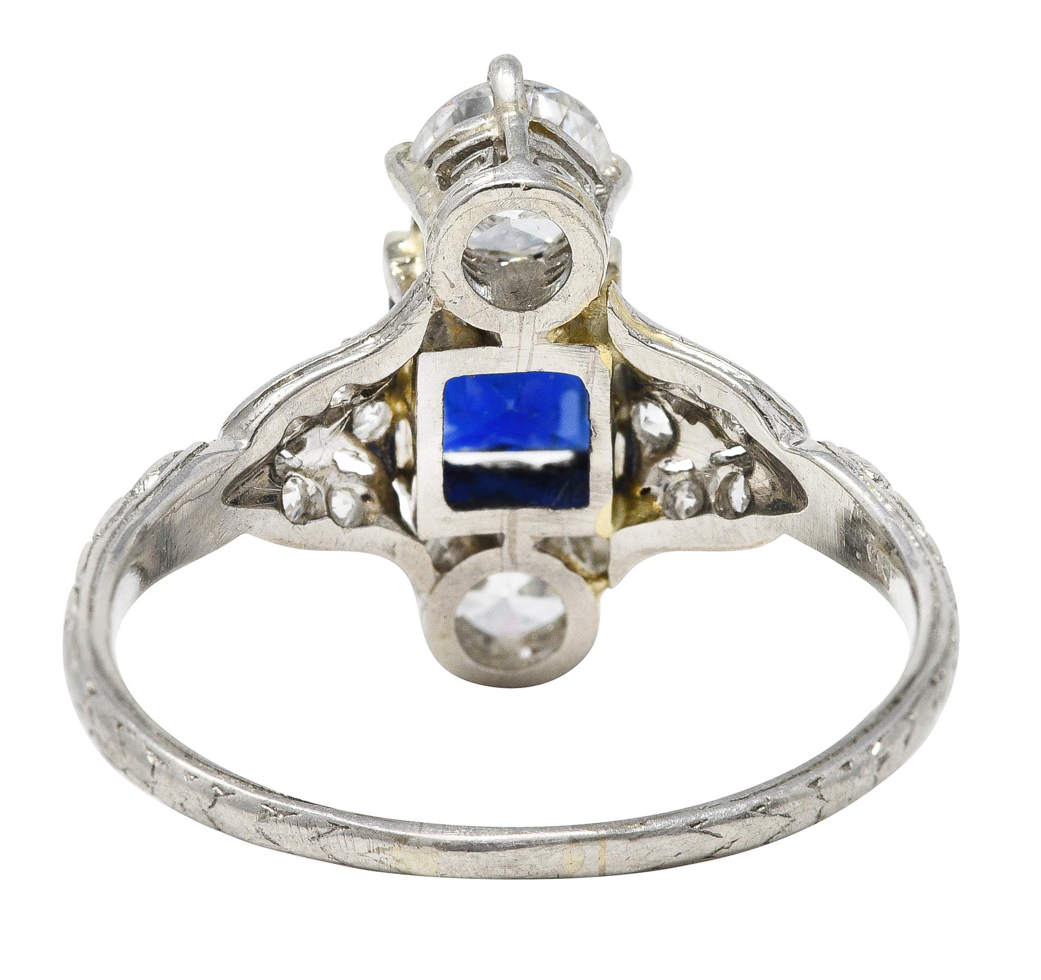 Edwardian 1.67 Carats Sapphire Diamond Platinum Floral Three Stone Ring In Excellent Condition In Philadelphia, PA