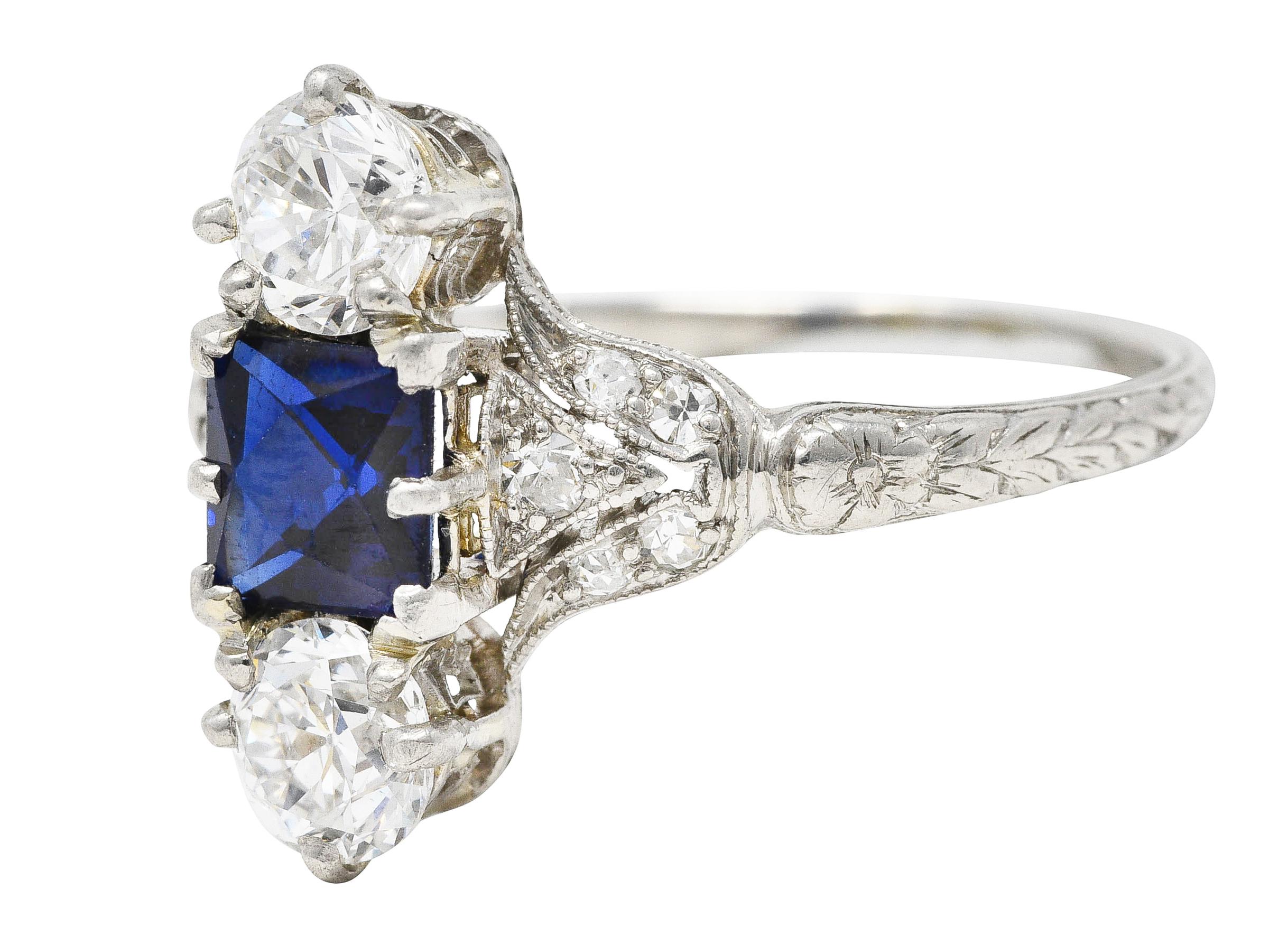 Edwardian 1.67 Carats Sapphire Diamond Platinum Floral Three Stone Ring 1