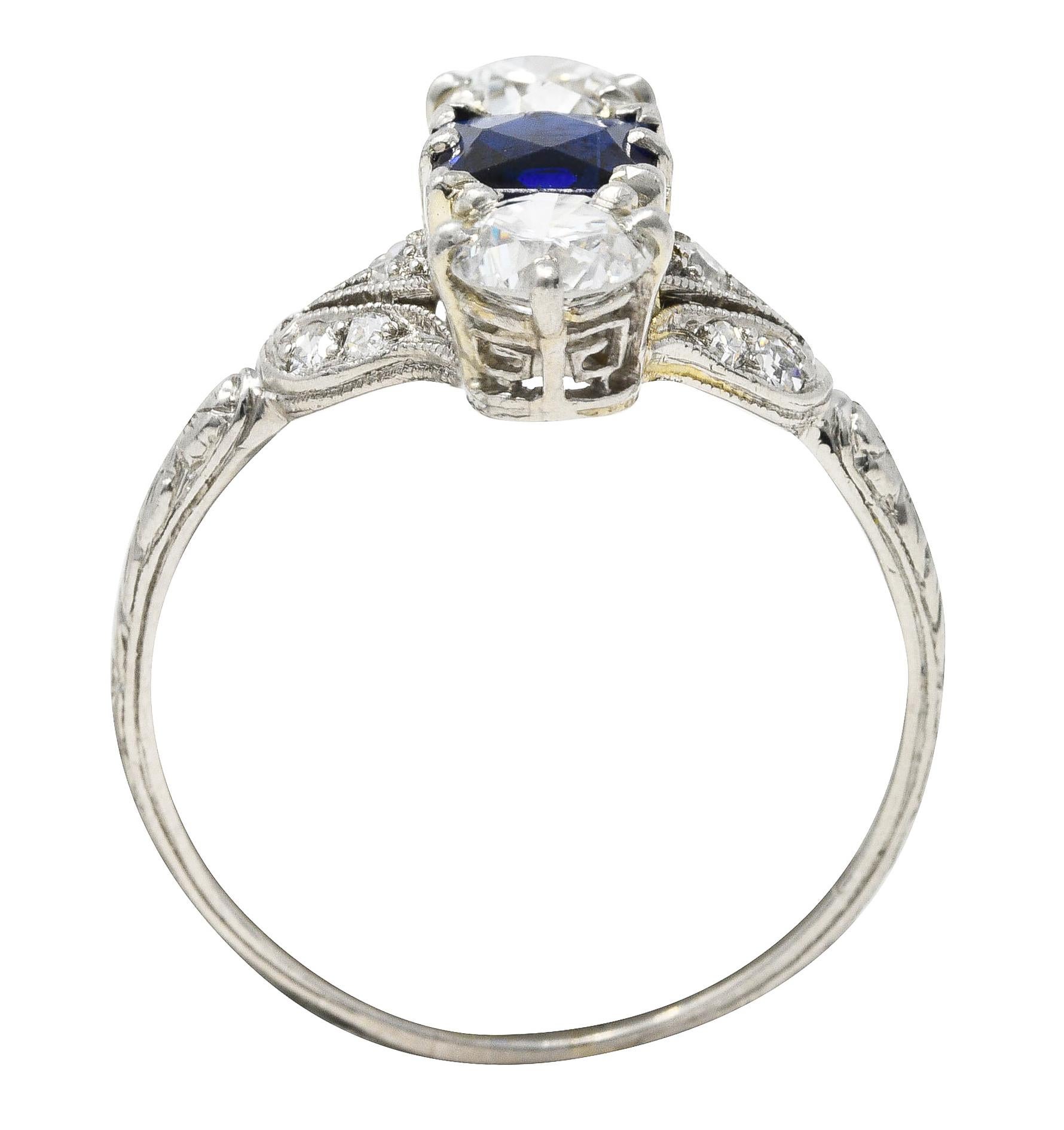 Edwardian 1.67 Carats Sapphire Diamond Platinum Floral Three Stone Ring 3
