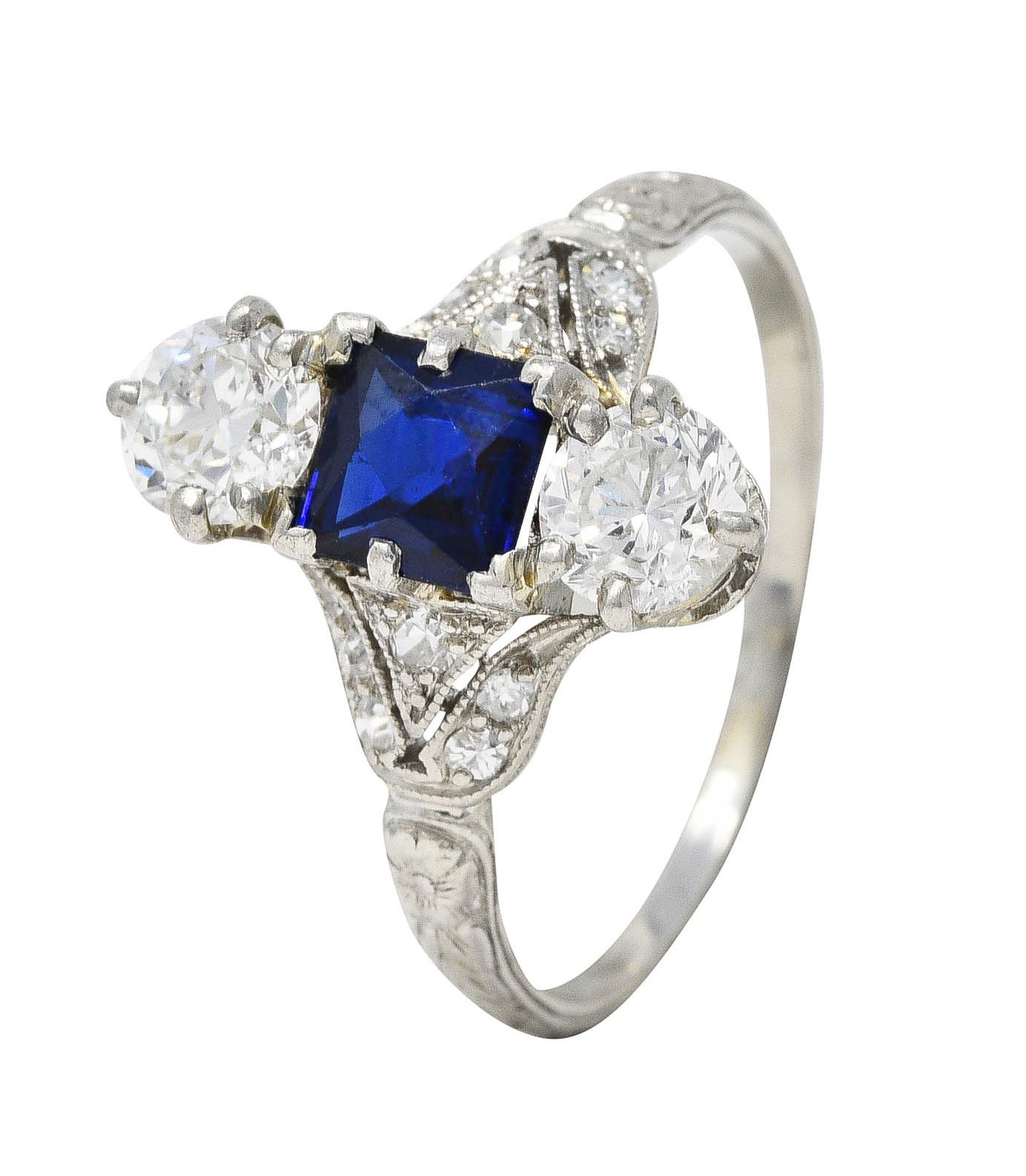 Edwardian 1.67 Carats Sapphire Diamond Platinum Floral Three Stone Ring 4