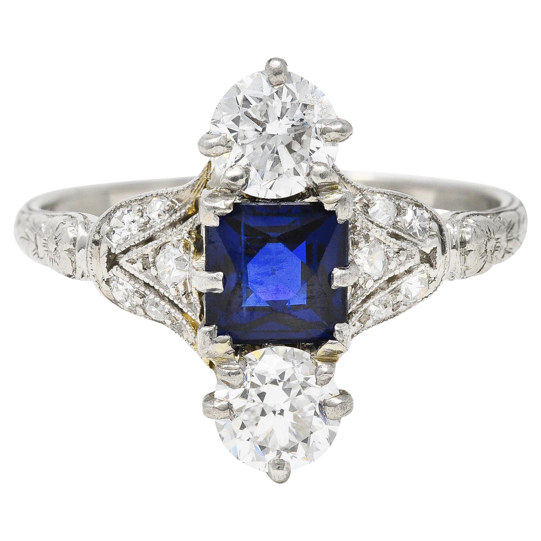 Edwardian 1.67 Carats Sapphire Diamond Platinum Floral Three Stone Ring
