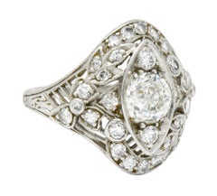 Edwardian 1.68 Carat Diamond Platinum Foliate Navette Dinner Ring