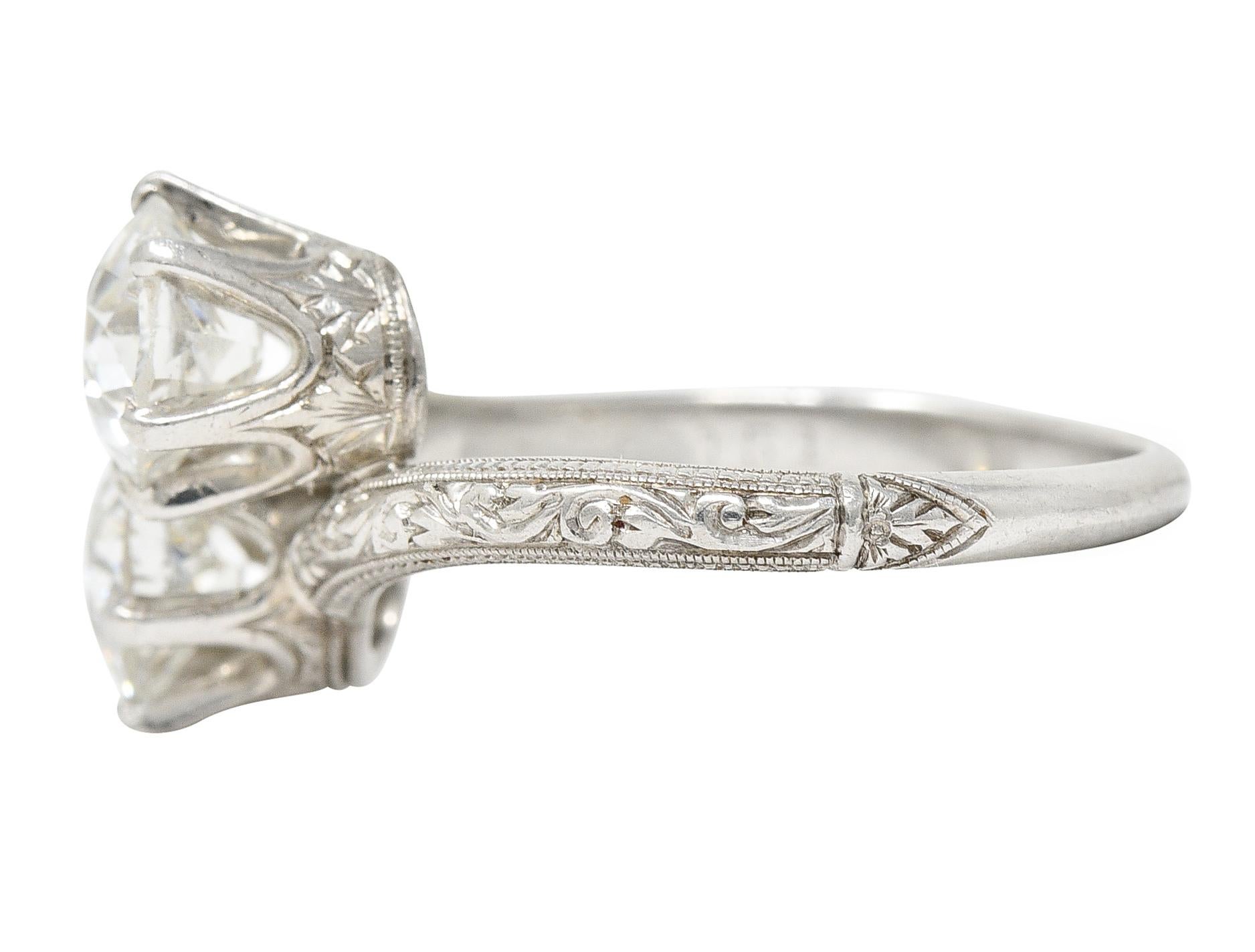Edwardian 1.70 Carats Diamond Platinum Antique Toi Et Moi Engagement Ring In Excellent Condition In Philadelphia, PA