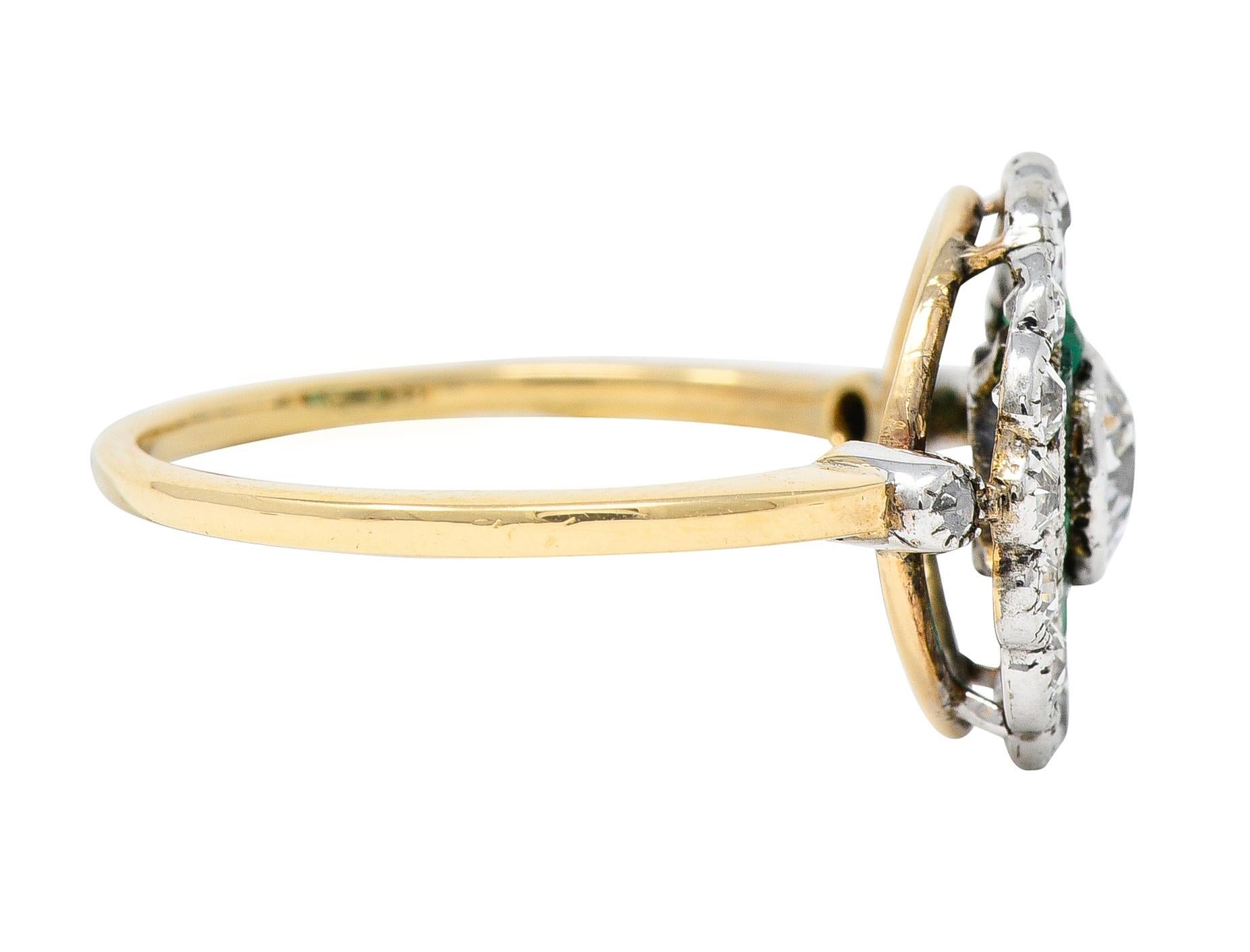 Old European Cut Edwardian 1.74 Carats Diamond Emerald Platinum-Topped 18 Karat Yellow Gold Ring