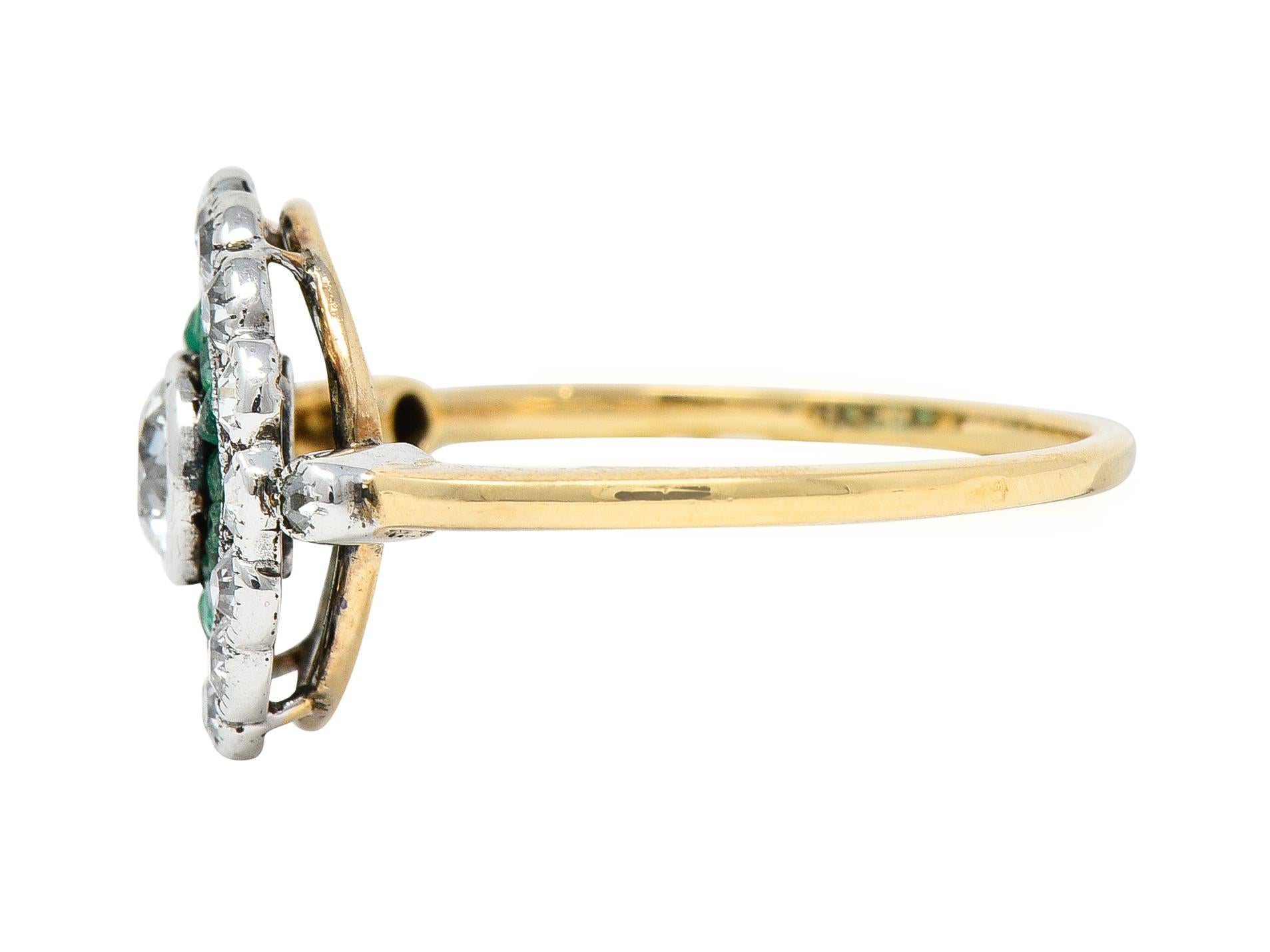 Women's or Men's Edwardian 1.74 Carats Diamond Emerald Platinum-Topped 18 Karat Yellow Gold Ring