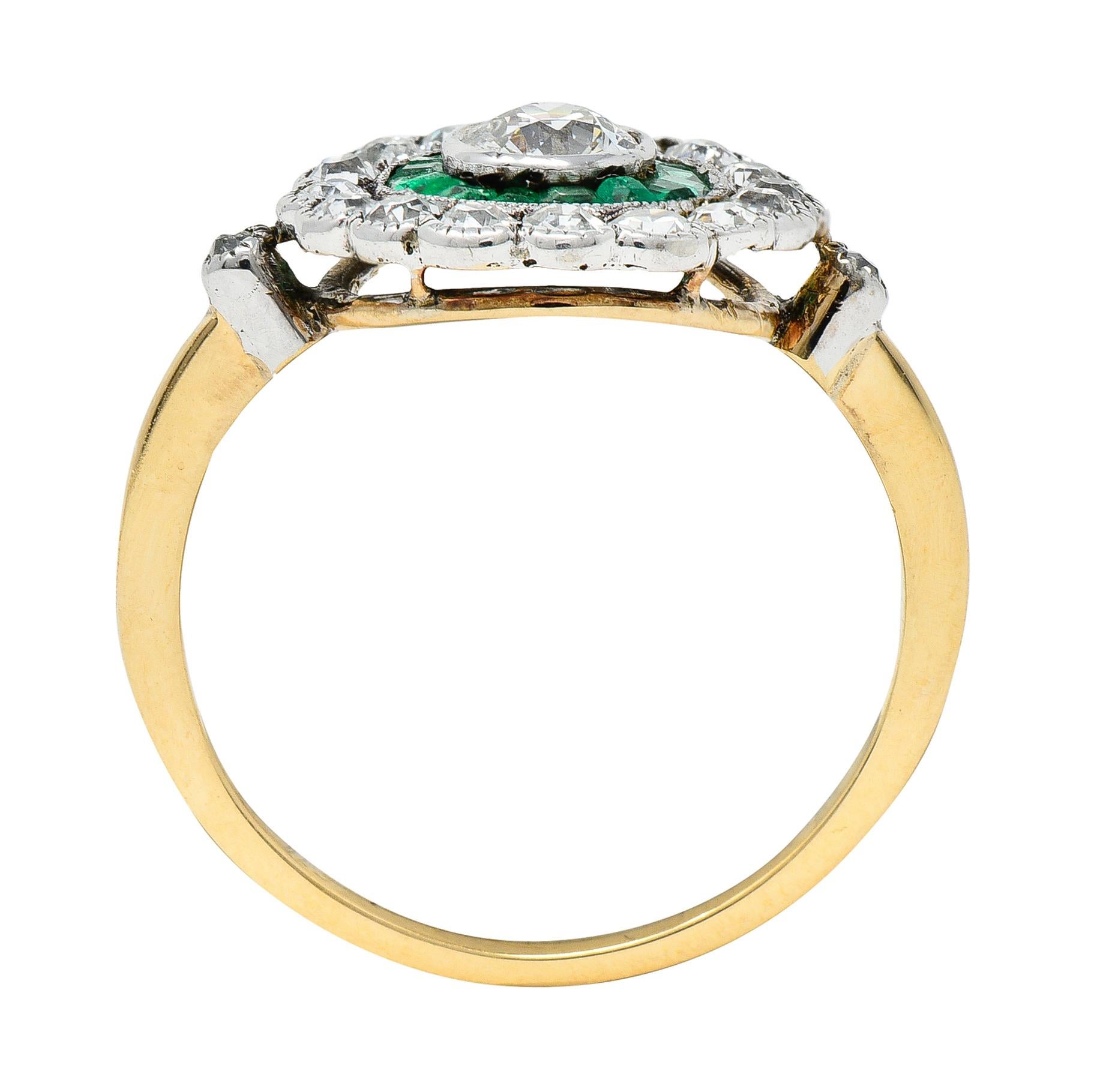 Edwardian 1.74 Carats Diamond Emerald Platinum-Topped 18 Karat Yellow Gold Ring 2
