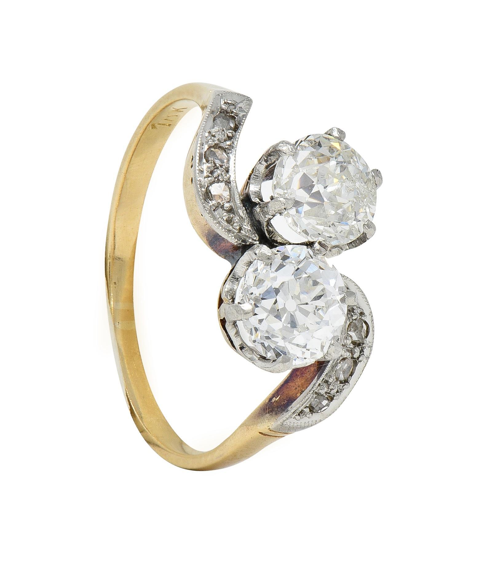 Edwardian 1.74 CTW Old Mine Cut Diamond Platinum 18 Karat Yellow Gold Ring For Sale 6