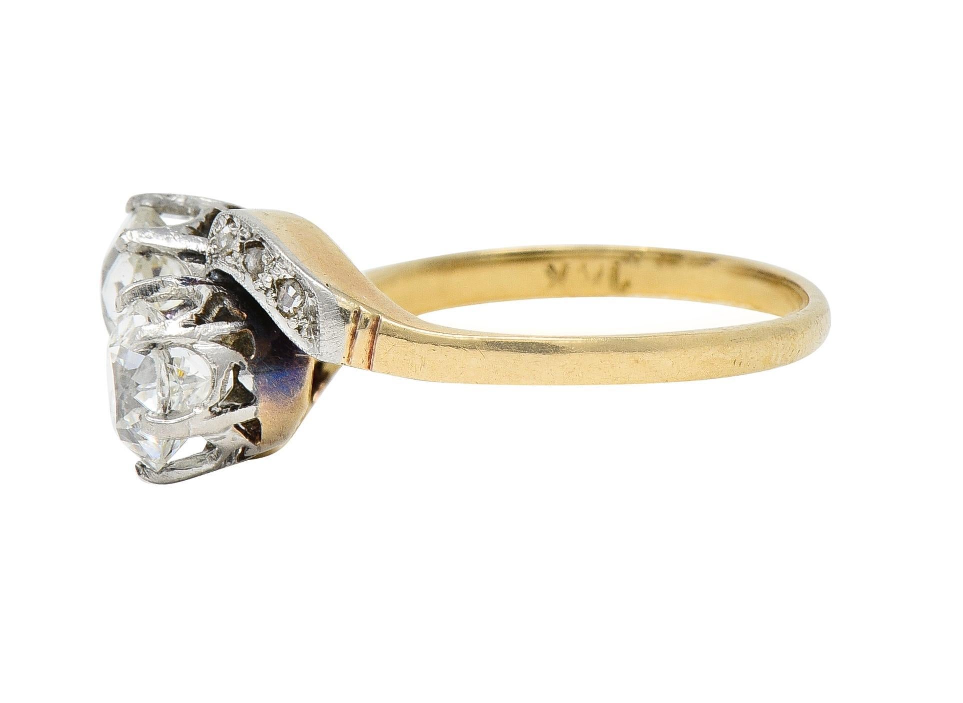 Women's or Men's Edwardian 1.74 CTW Old Mine Cut Diamond Platinum 18 Karat Yellow Gold Ring For Sale