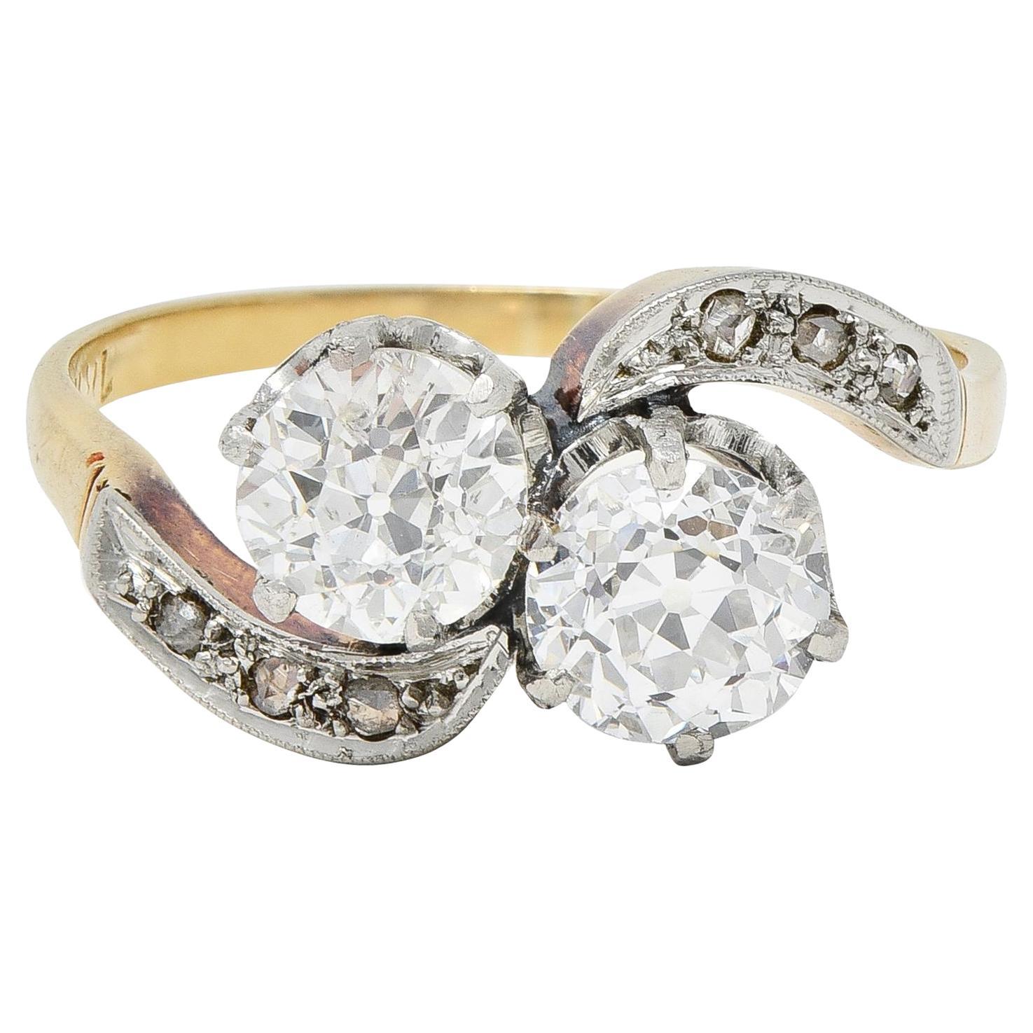 Edwardian 1.74 CTW Old Mine Cut Diamond Platinum 18 Karat Yellow Gold Ring For Sale