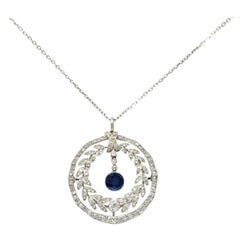 Edwardian 1.75 Carat Sapphire Diamond Platinum Laurel Pendant Necklace