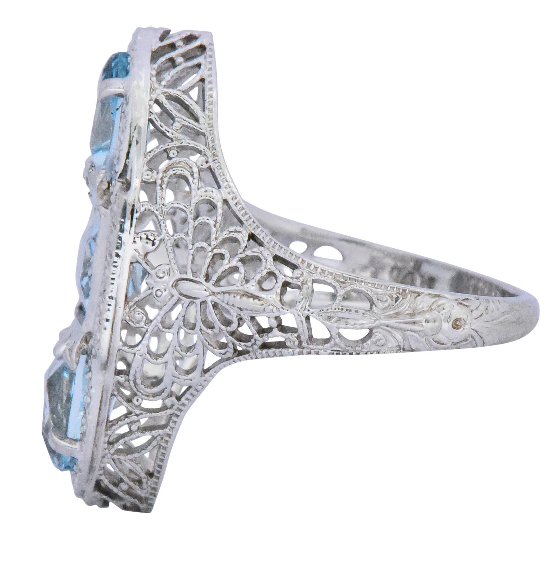 Edwardian 1.75 Carat Aquamarine Dragonfly 14 Karat White Gold Cocktail Ring In Excellent Condition In Philadelphia, PA