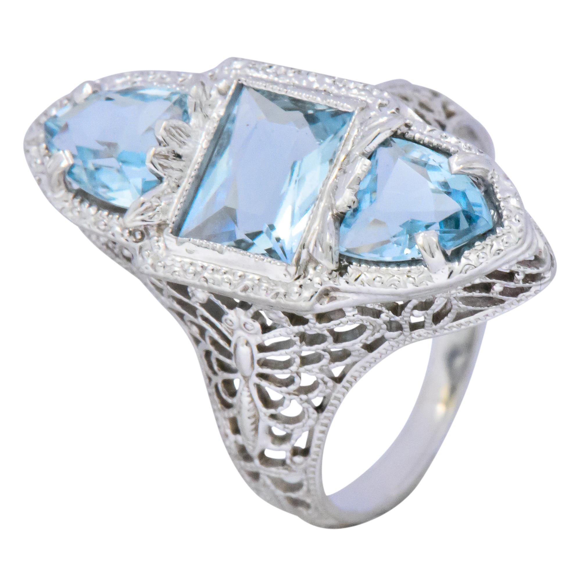 Edwardian 1.75 Carat Aquamarine Dragonfly 14 Karat White Gold Cocktail Ring 4