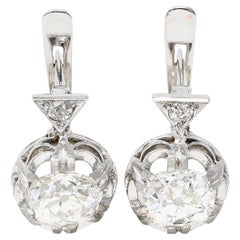 Boucles d'oreilles édouardiennes huggies en or 18 carats et platine avec diamants taille vieille mine de 1,75 carat