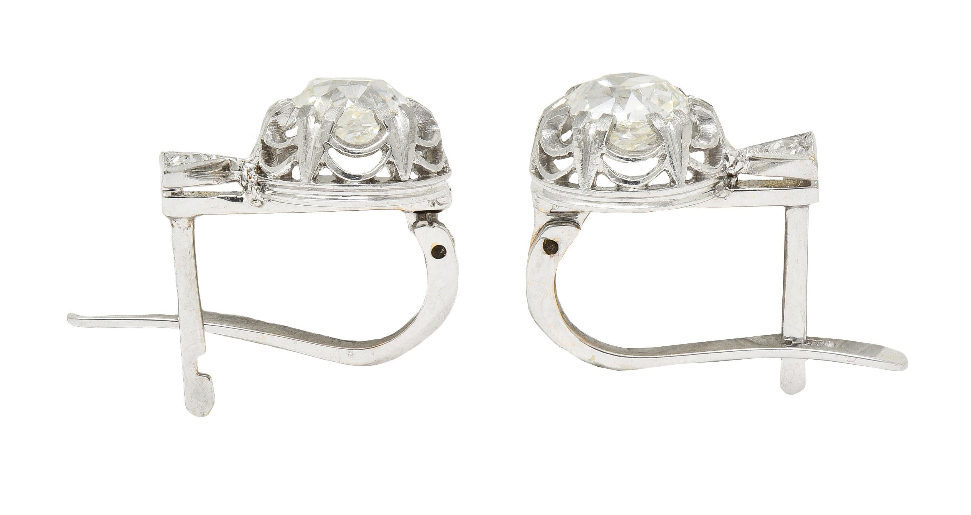 Edwardian 1.75 CTW Old Mine Diamond Platinum 18 Karat Gold Antique Earrings 2