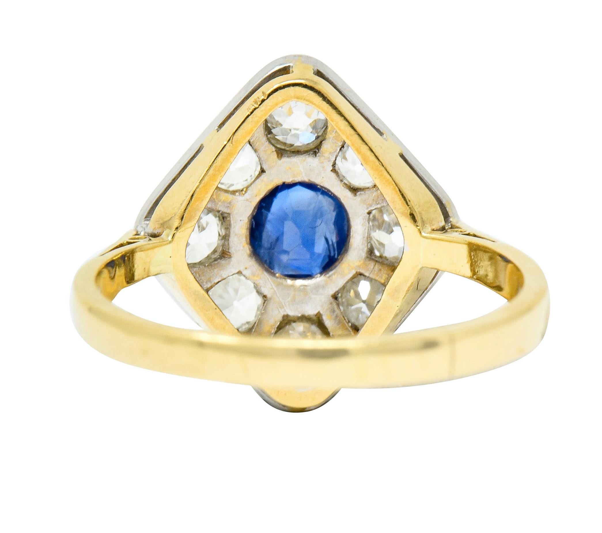 Edwardian 1.77 Carat Sapphire Diamond Platinum 18 Karat Gold Navette Ring  In Excellent Condition In Philadelphia, PA