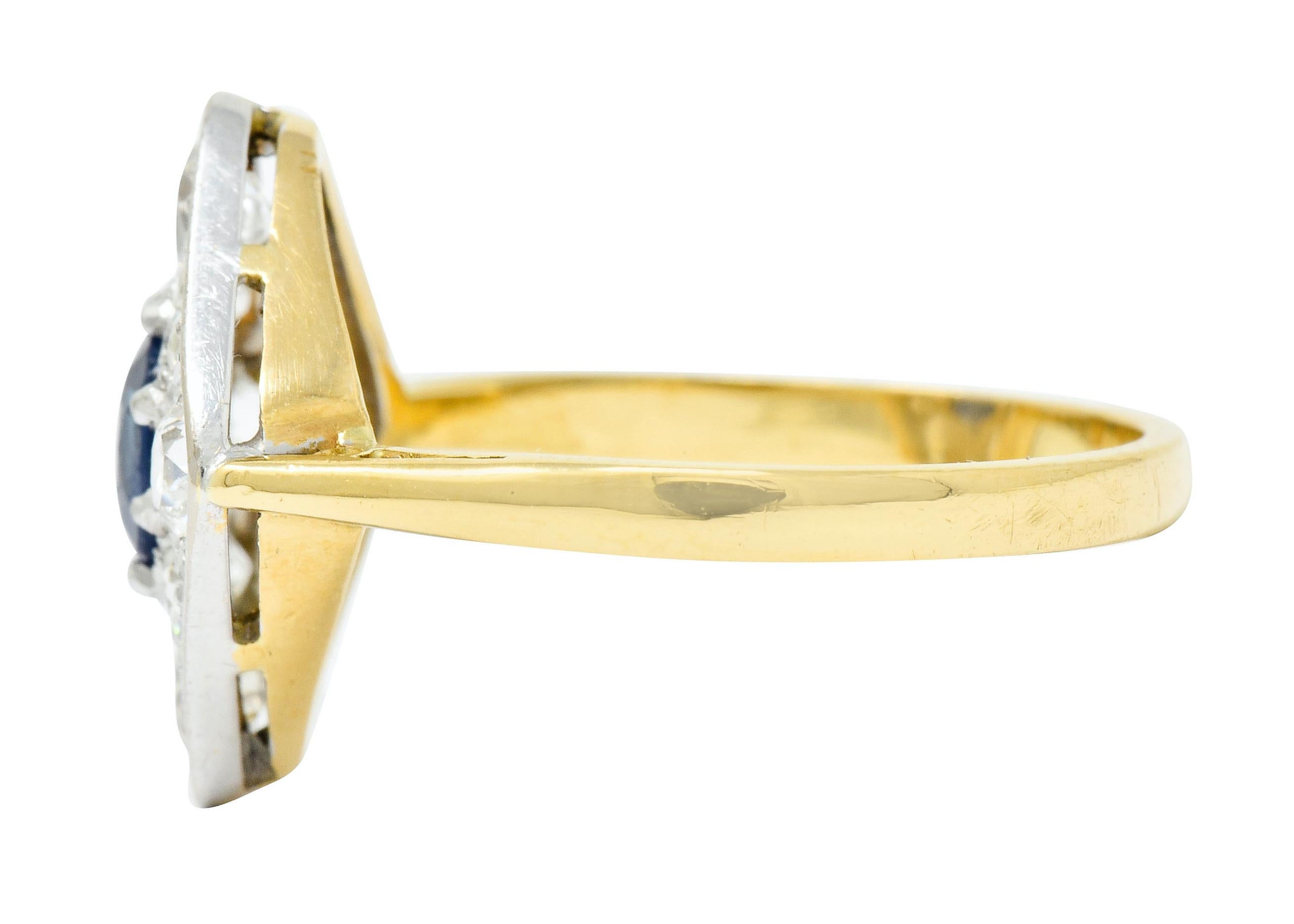 Women's or Men's Edwardian 1.77 Carat Sapphire Diamond Platinum 18 Karat Gold Navette Ring
