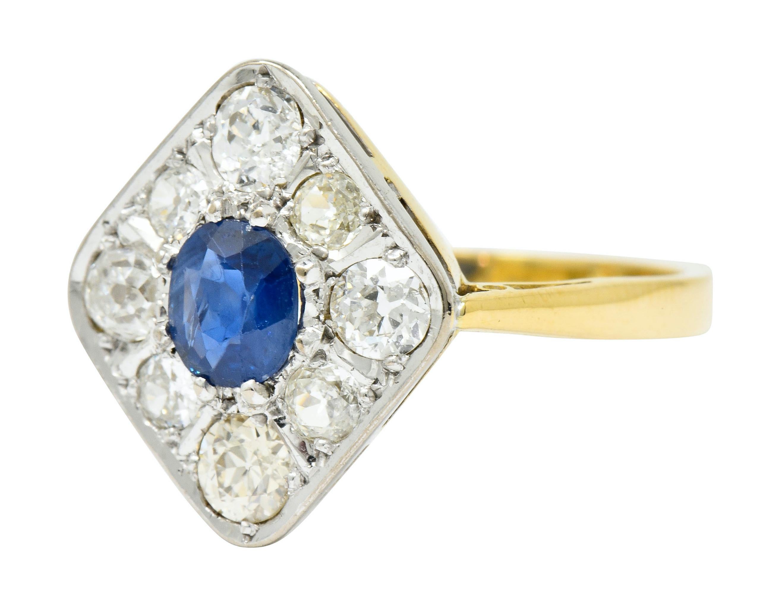 Edwardian 1.77 Carat Sapphire Diamond Platinum 18 Karat Gold Navette Ring  1