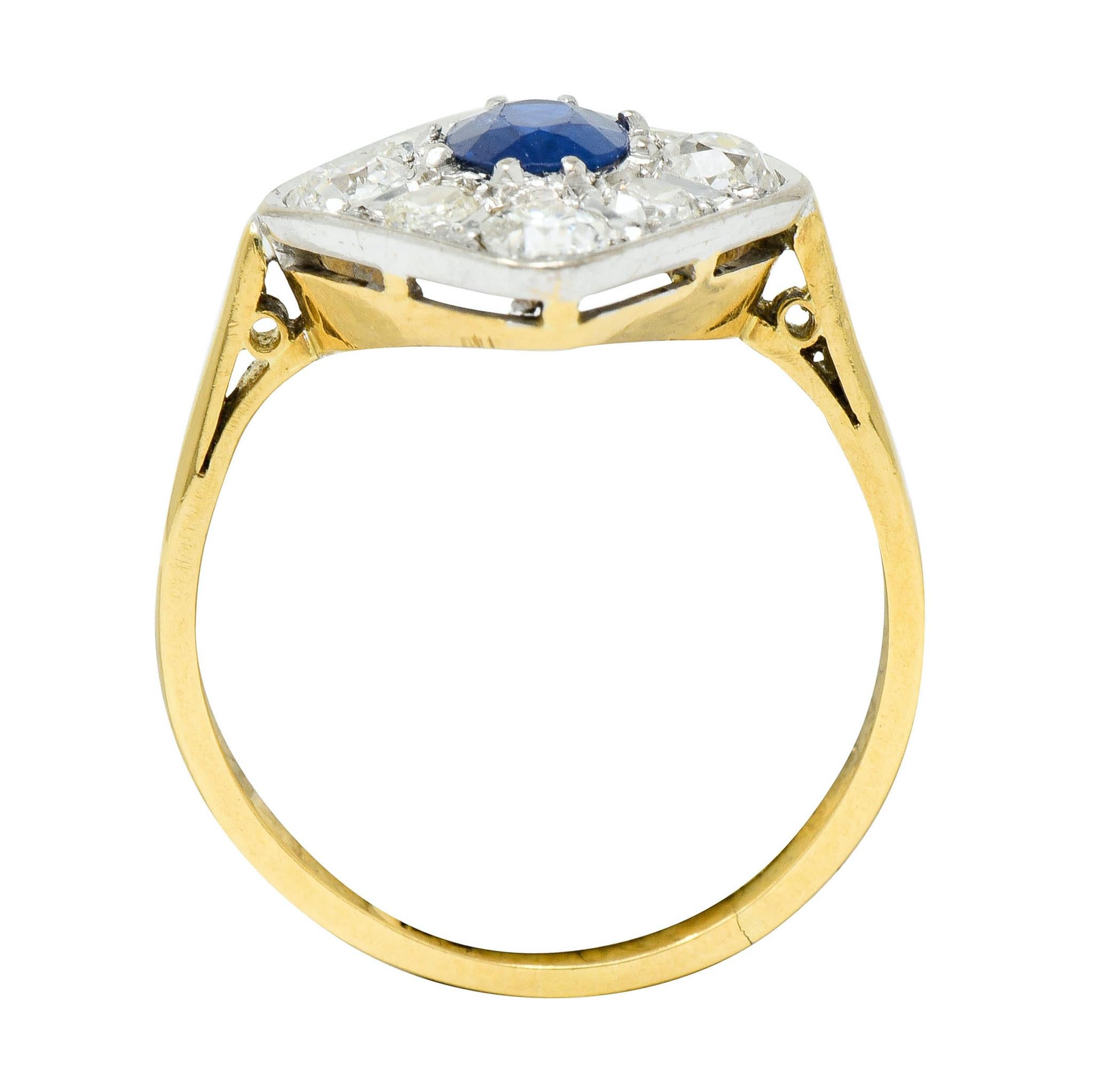 Edwardian 1.77 Carat Sapphire Diamond Platinum 18 Karat Gold Navette Ring  3