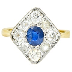 Edwardian 1.77 Carat Sapphire Diamond Platinum 18 Karat Gold Navette Ring