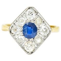 Edwardian 1.77 Carat Sapphire Diamond Platinum 18 Karat Gold Navette Ring