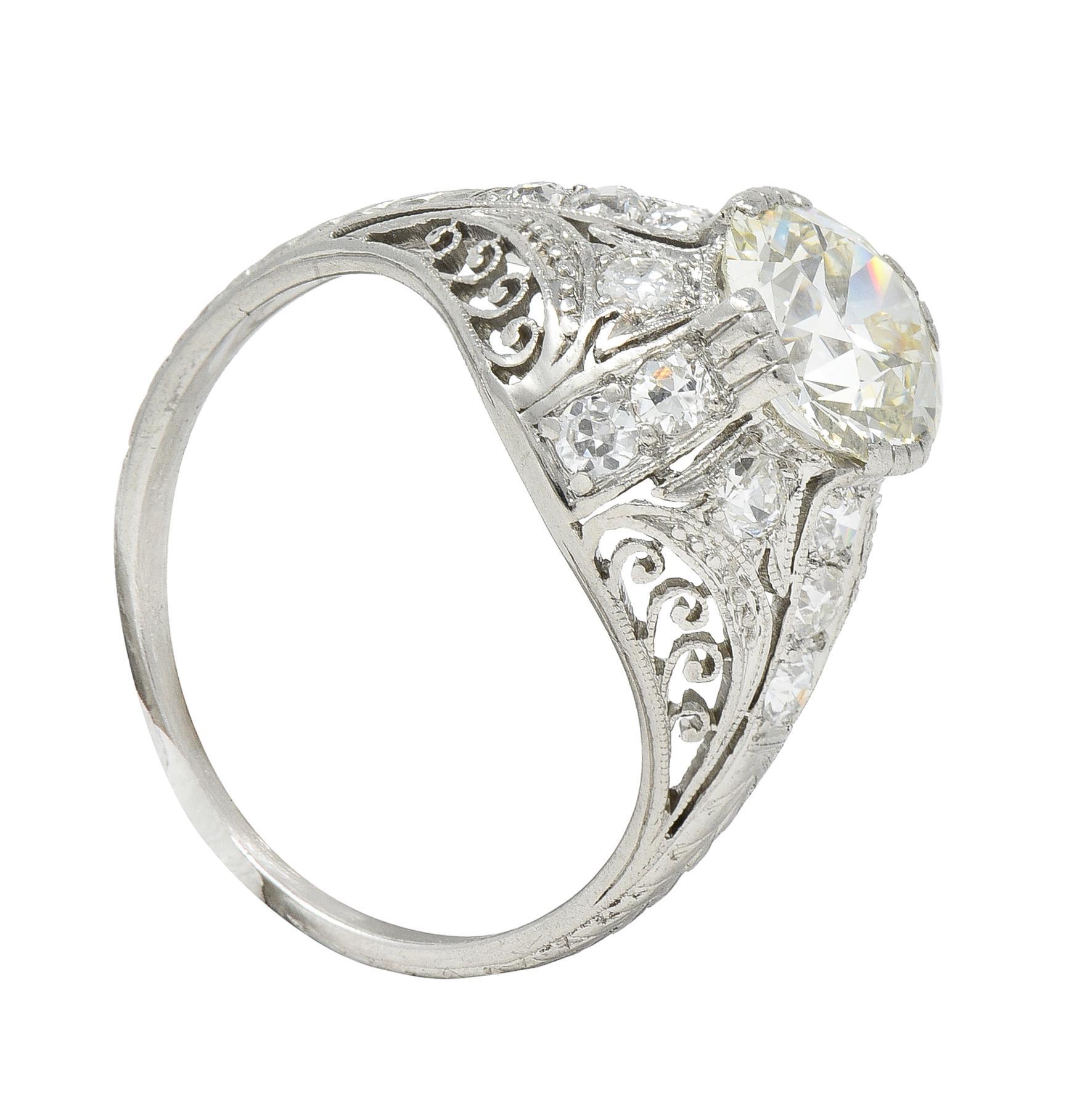 Edwardian 1.77 CTW Old European Cut Diamond Platinum Bombay Engagement Ring For Sale 7