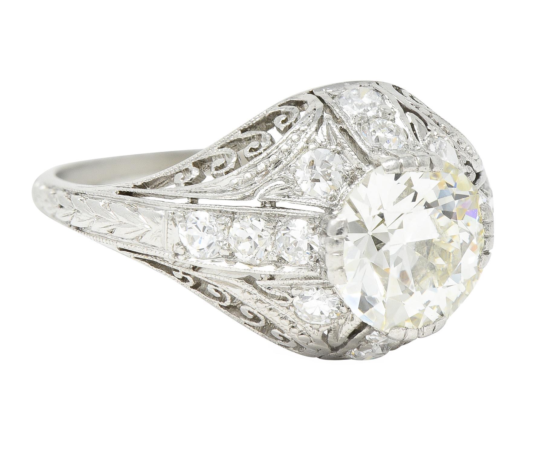 Edwardian 1.77 CTW Old European Cut Diamond Platinum Bombay Engagement Ring In Excellent Condition For Sale In Philadelphia, PA