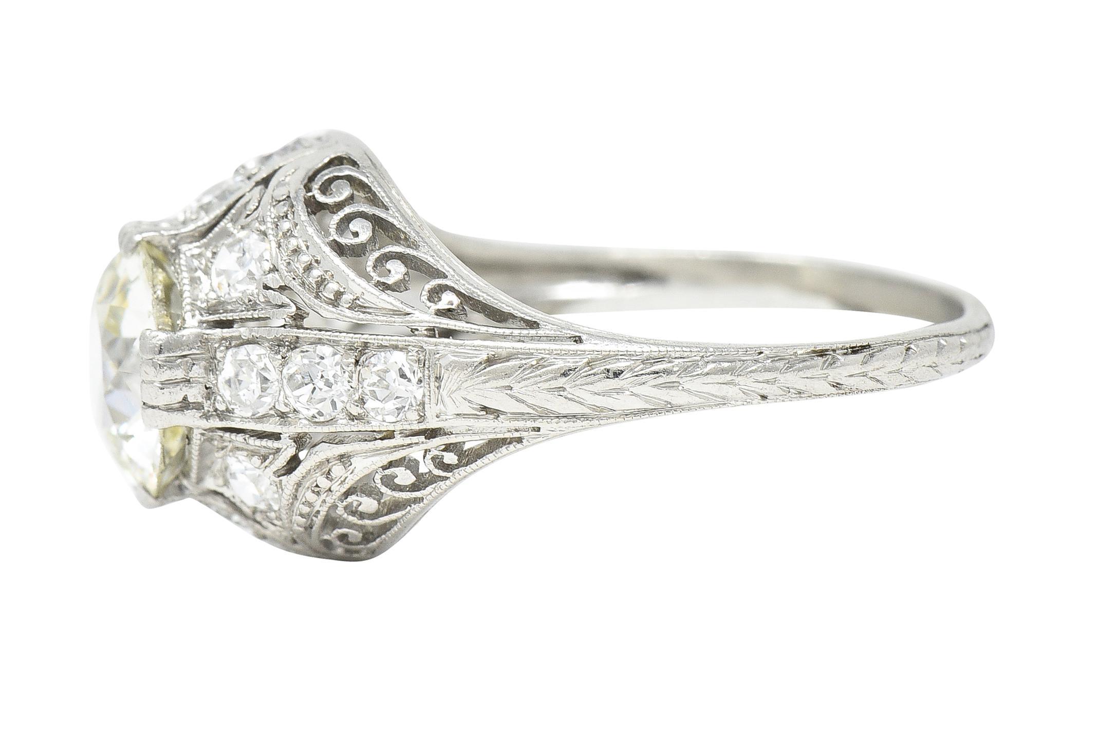 Edwardian 1.77 CTW Old European Cut Diamond Platinum Bombay Engagement Ring For Sale 2