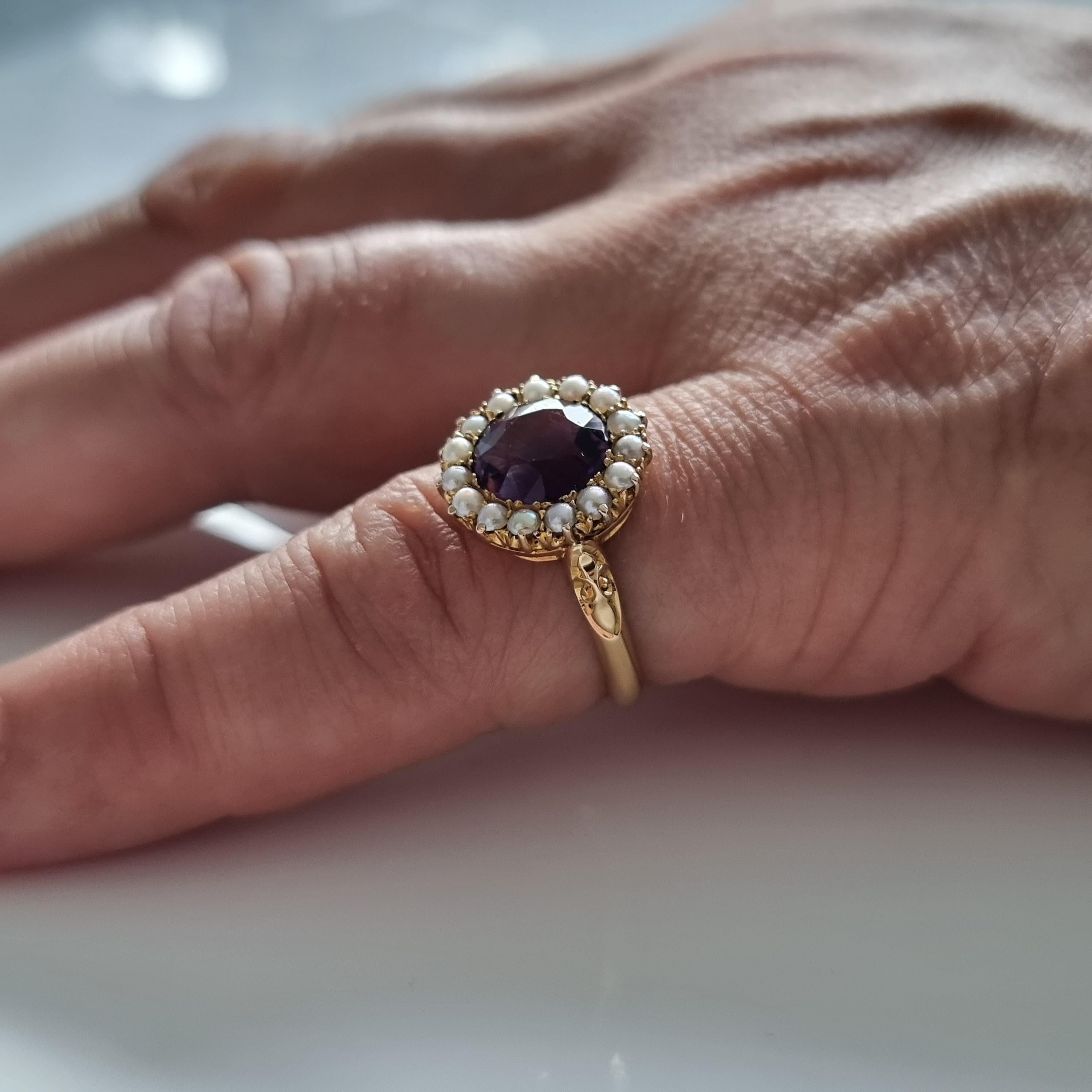 Edwardian 18 Carat Gold Amethyst and Pearl Cluster Ring, 1909 8