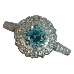 Edwardian 18 Carat Gold and Platinum Blue Zircon and Diamond Cluster Ring