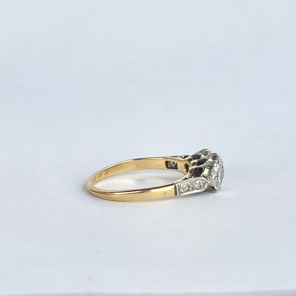 Edwardian 18 Carat Gold and Platinum Old European Cut Diamond Three-Stone Ring For Sale 2